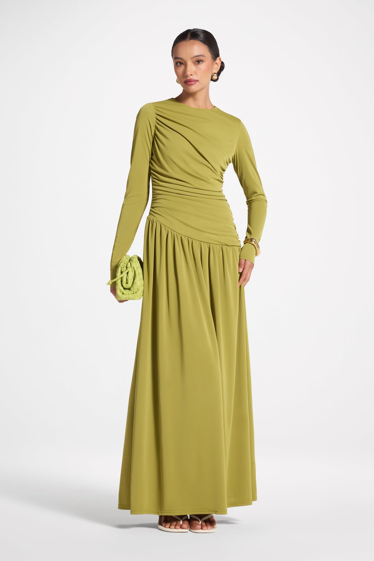Asymmetrical Waist Rouched Maxi Dress - Evergreen Abayas Veiled