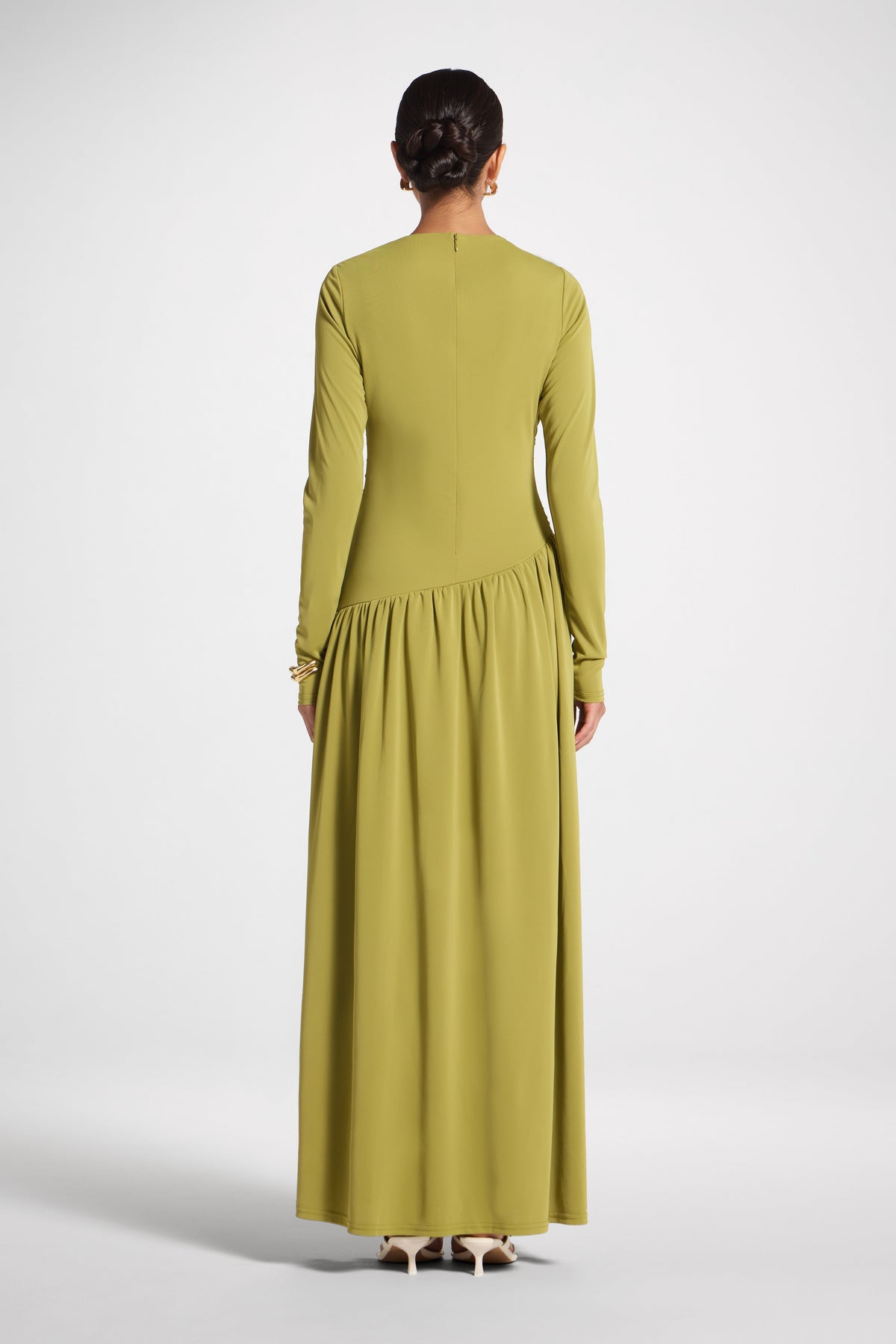 Asymmetrical Waist Rouched Maxi Dress - Evergreen Abayas Veiled