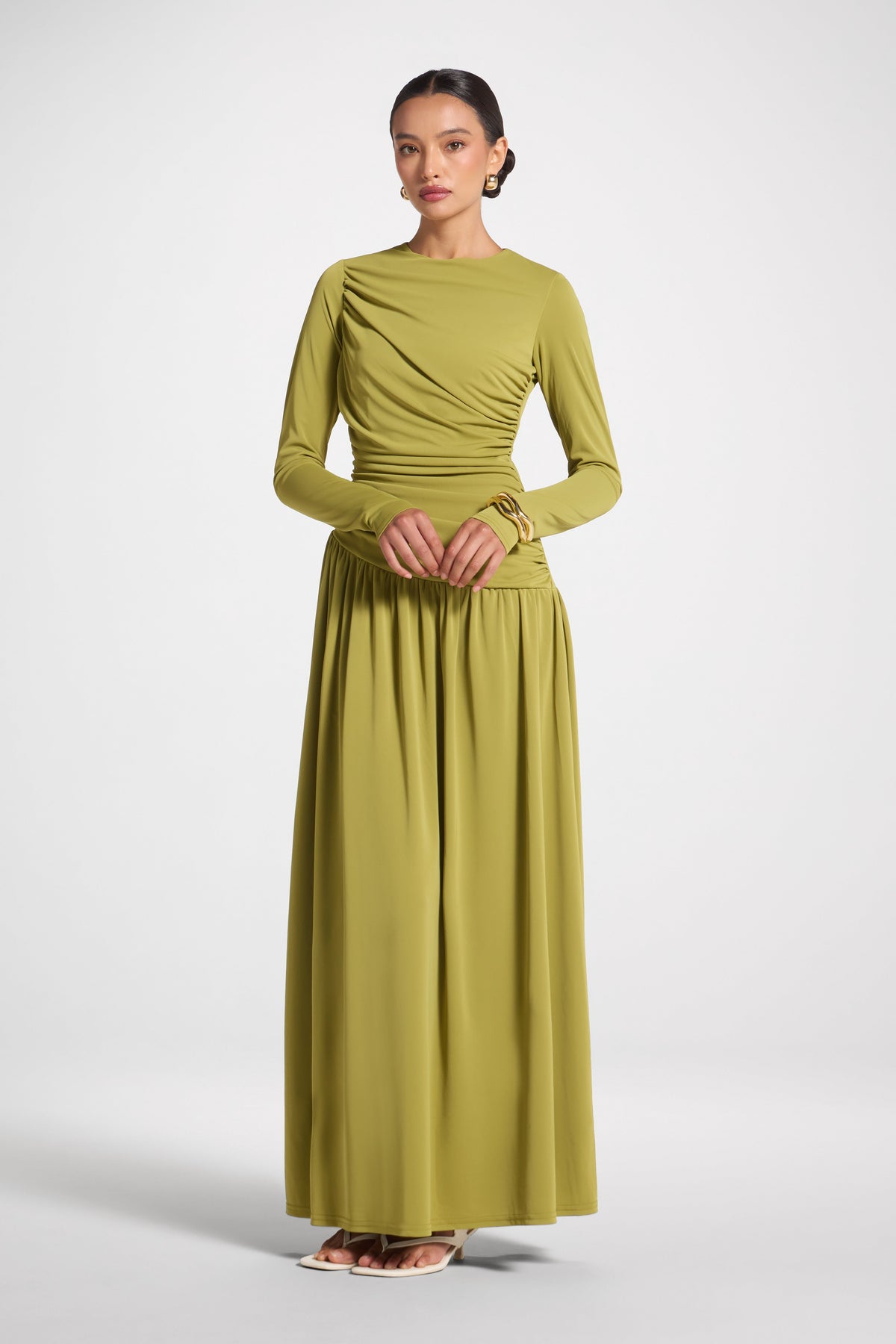 Asymmetrical Waist Rouched Maxi Dress - Evergreen Abayas Veiled