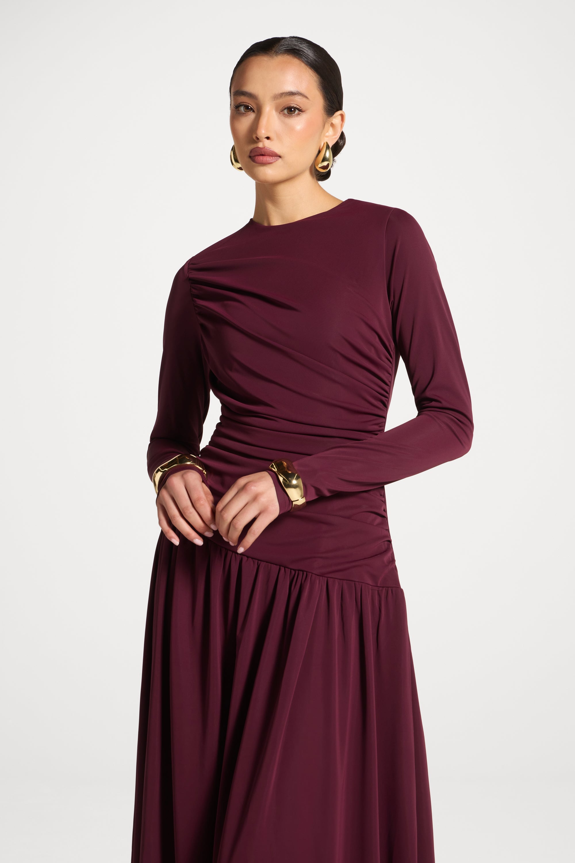Asymmetrical Waist Rouched Maxi Dress - Fig Abayas Veiled