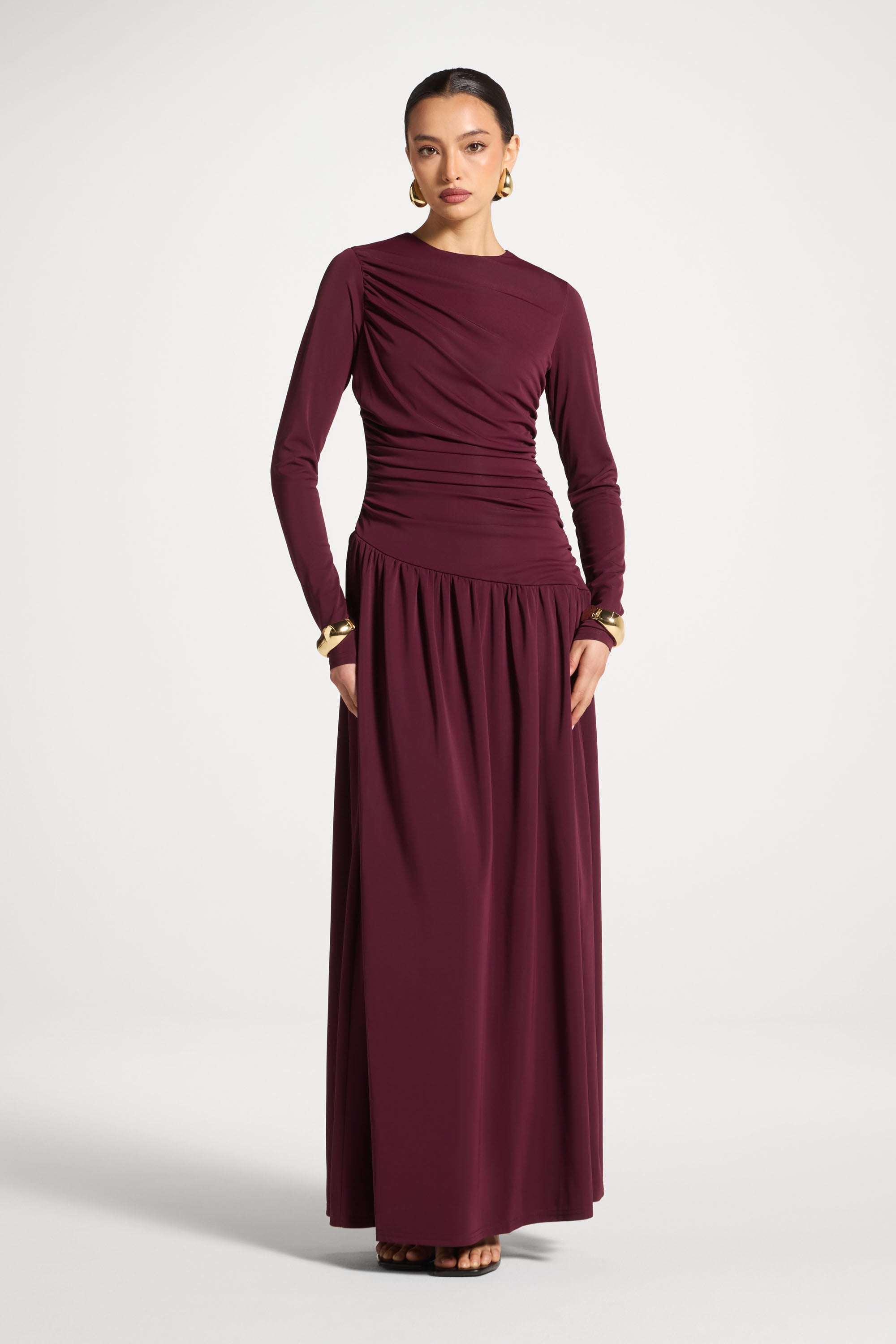 Asymmetrical Waist Rouched Maxi Dress - Fig Asymmetrical Waist Rouched Maxi Dress - Fig