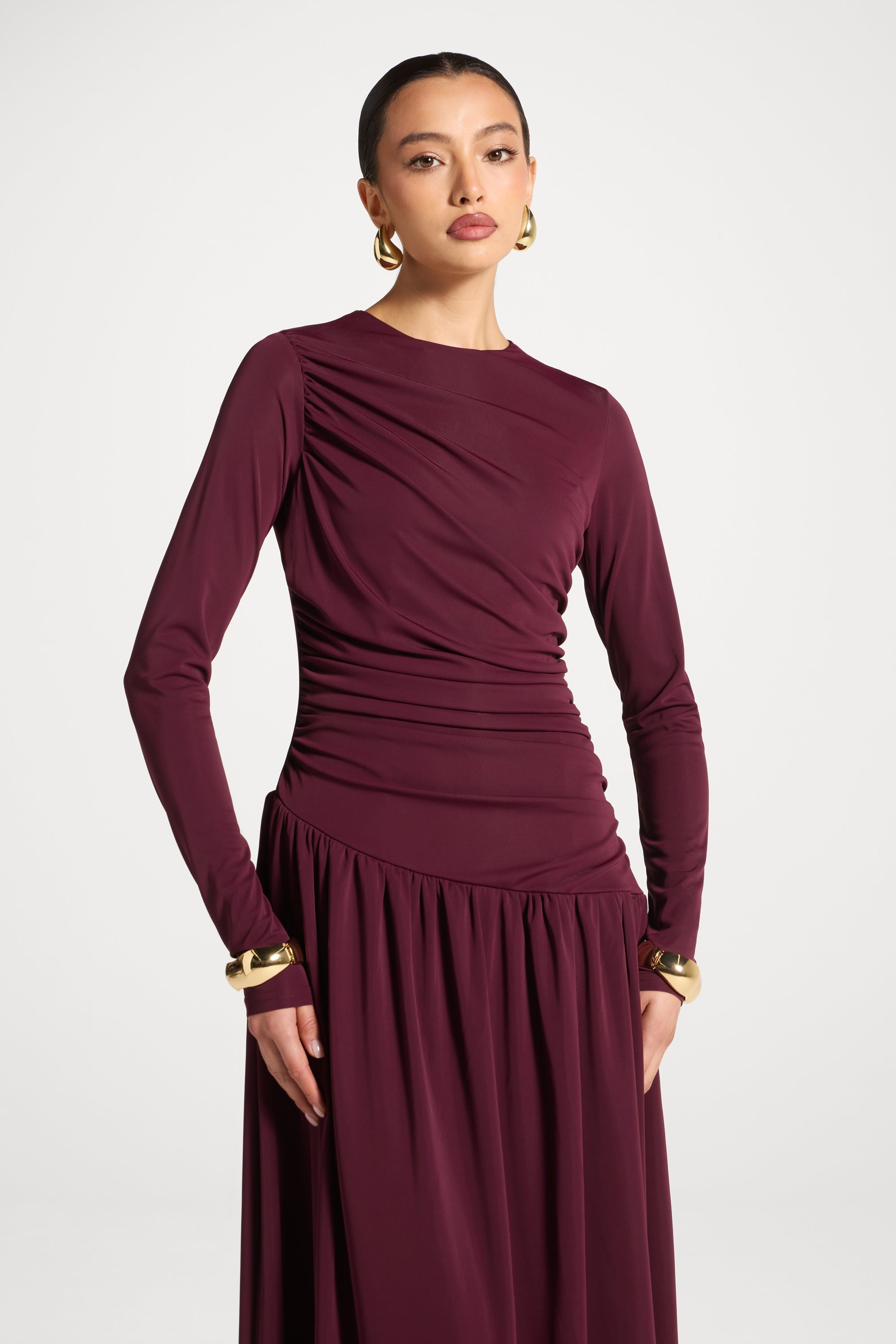 Asymmetrical Waist Rouched Maxi Dress - Fig Abayas Veiled