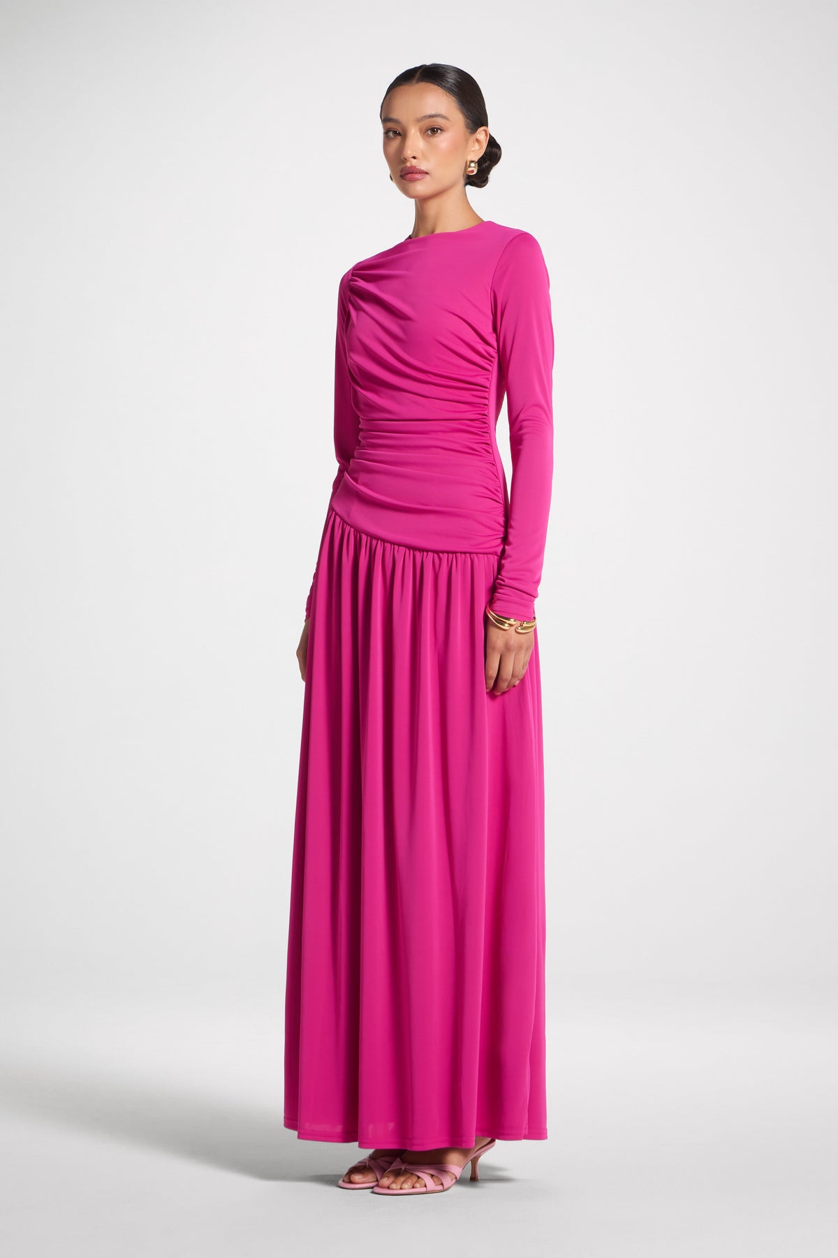 Asymmetrical Waist Rouched Maxi Dress - Fuchsia Abayas Veiled