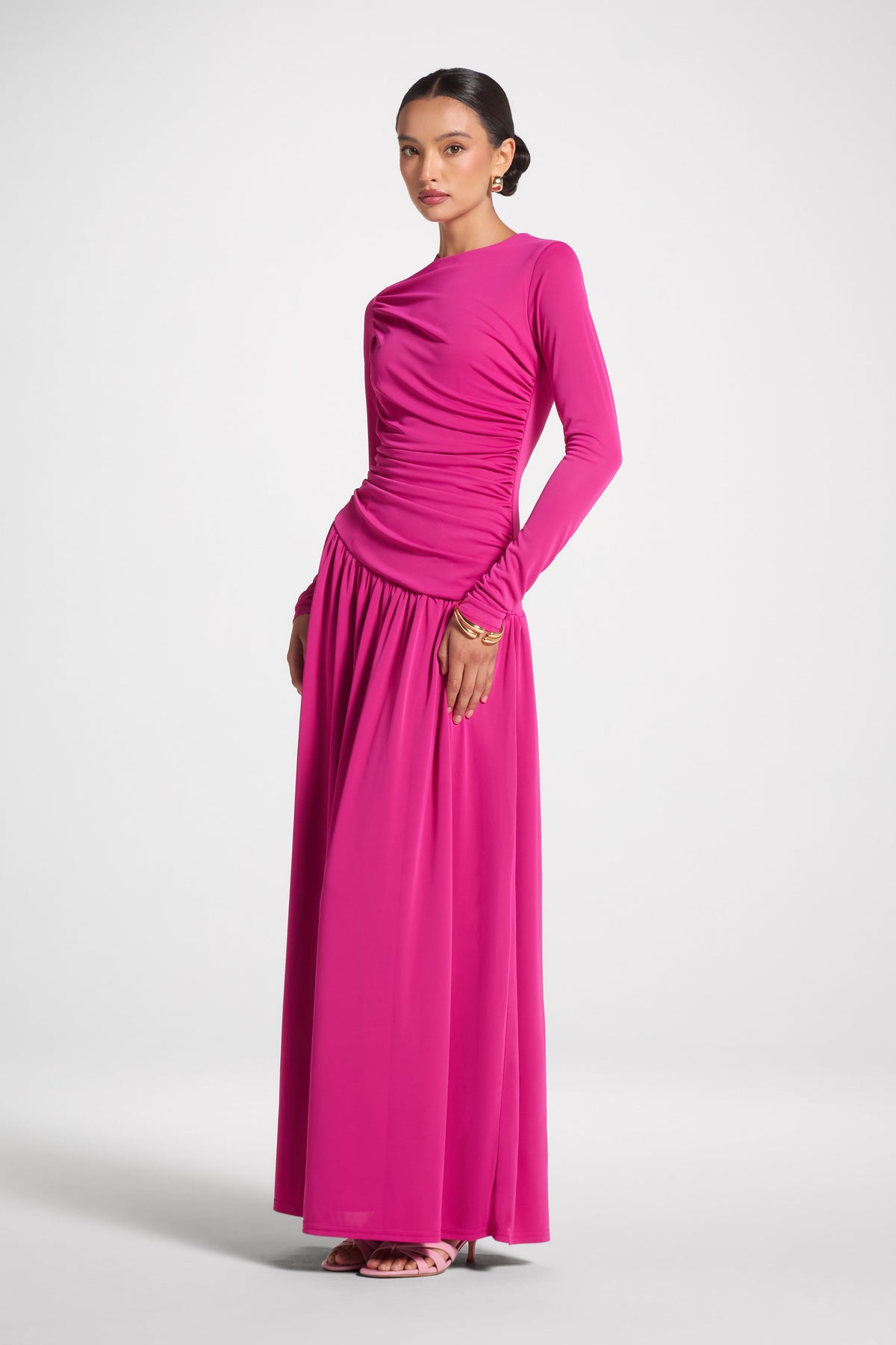 Asymmetrical Waist Rouched Maxi Dress - Fuchsia Abayas Veiled