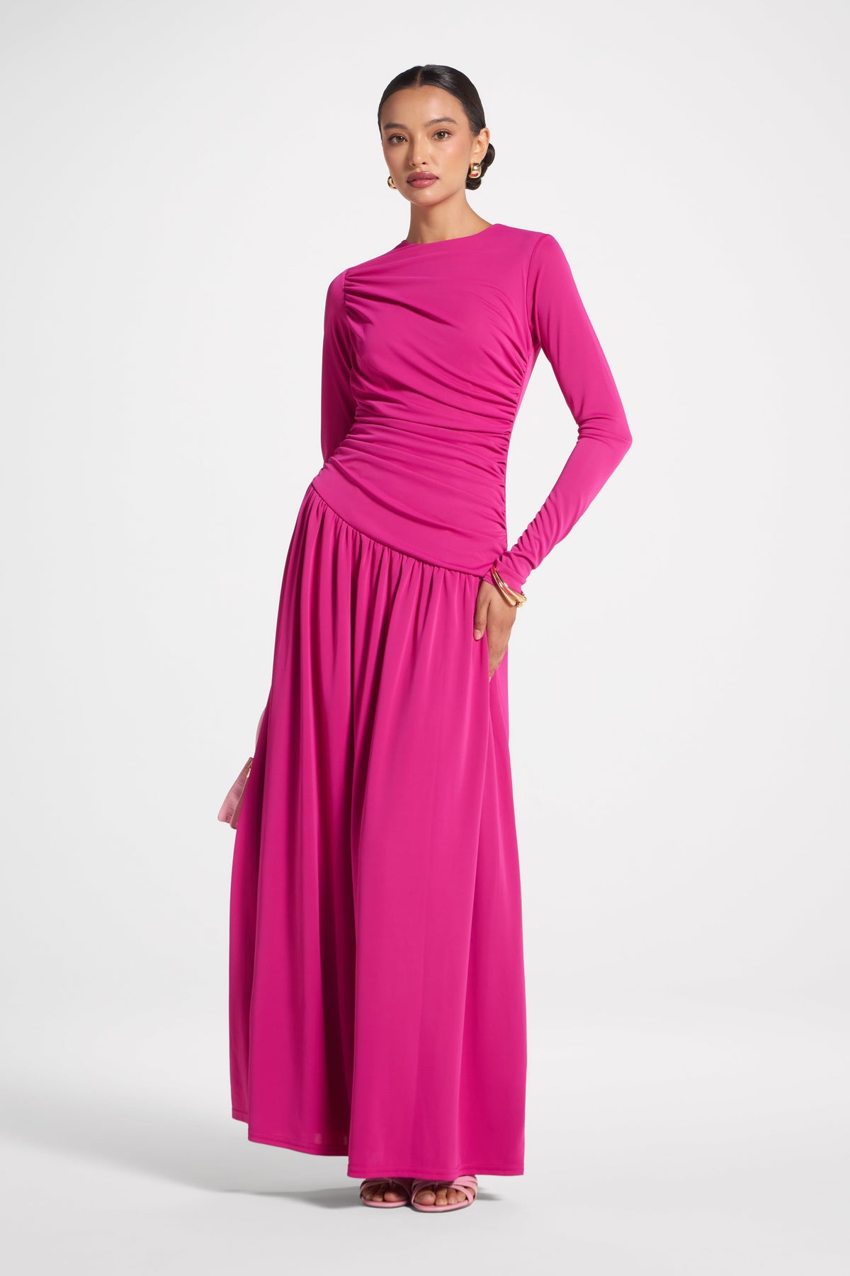 Asymmetrical Waist Rouched Maxi Dress - Fuchsia Abayas Veiled