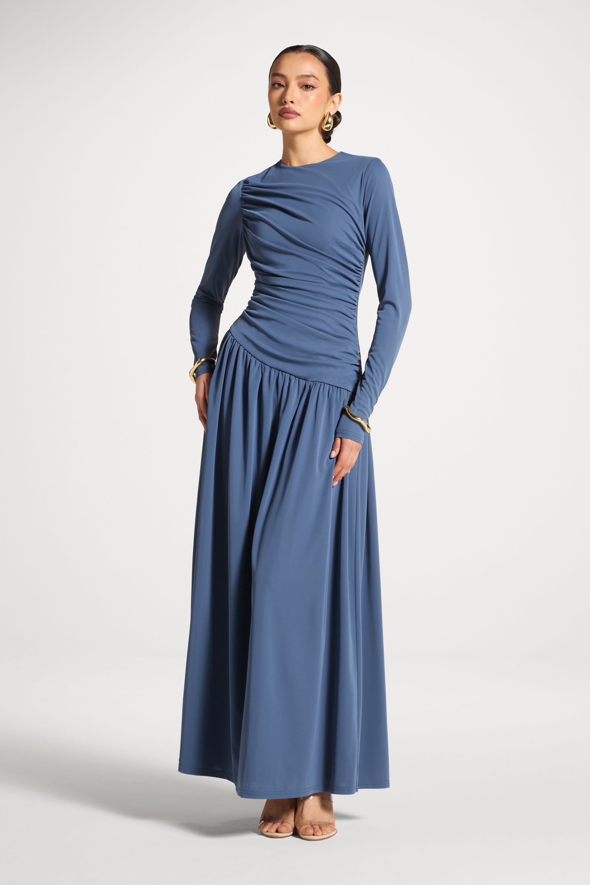 Asymmetrical Waist Rouched Maxi Dress - Indigo XS / 58" Asymmetrical Waist Rouched Maxi Dress - Indigo XS / 58"