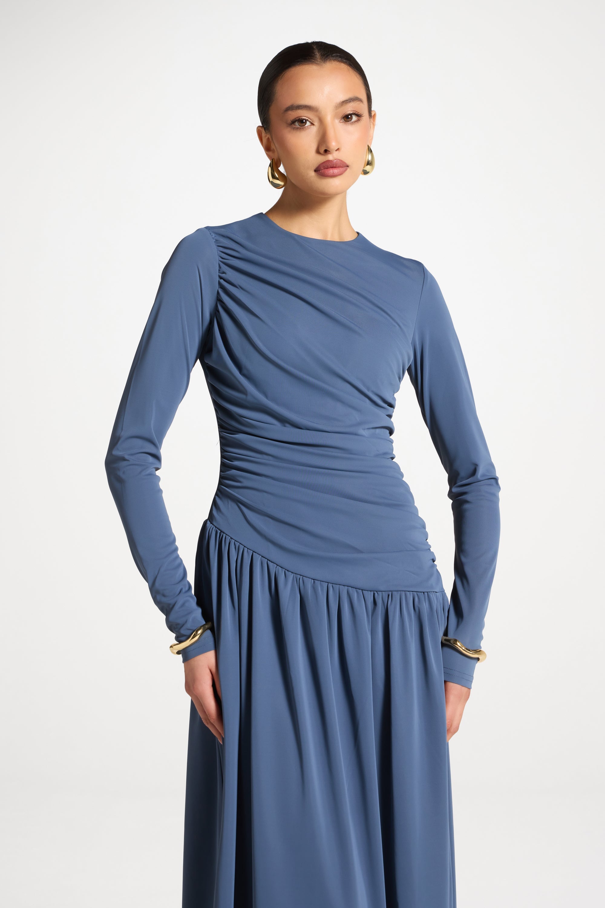 Asymmetrical Waist Rouched Maxi Dress - Indigo Abayas Veiled