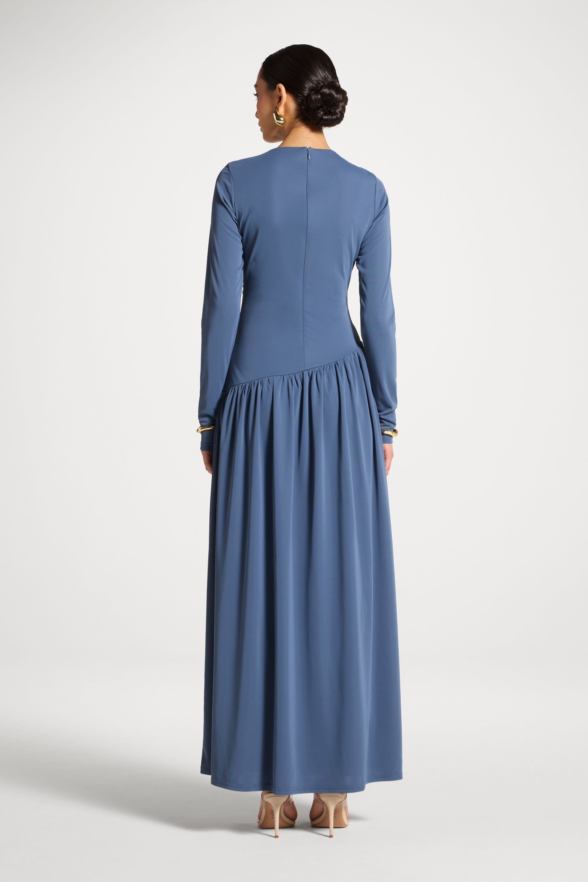 Asymmetrical Waist Rouched Maxi Dress - Indigo Abayas Veiled