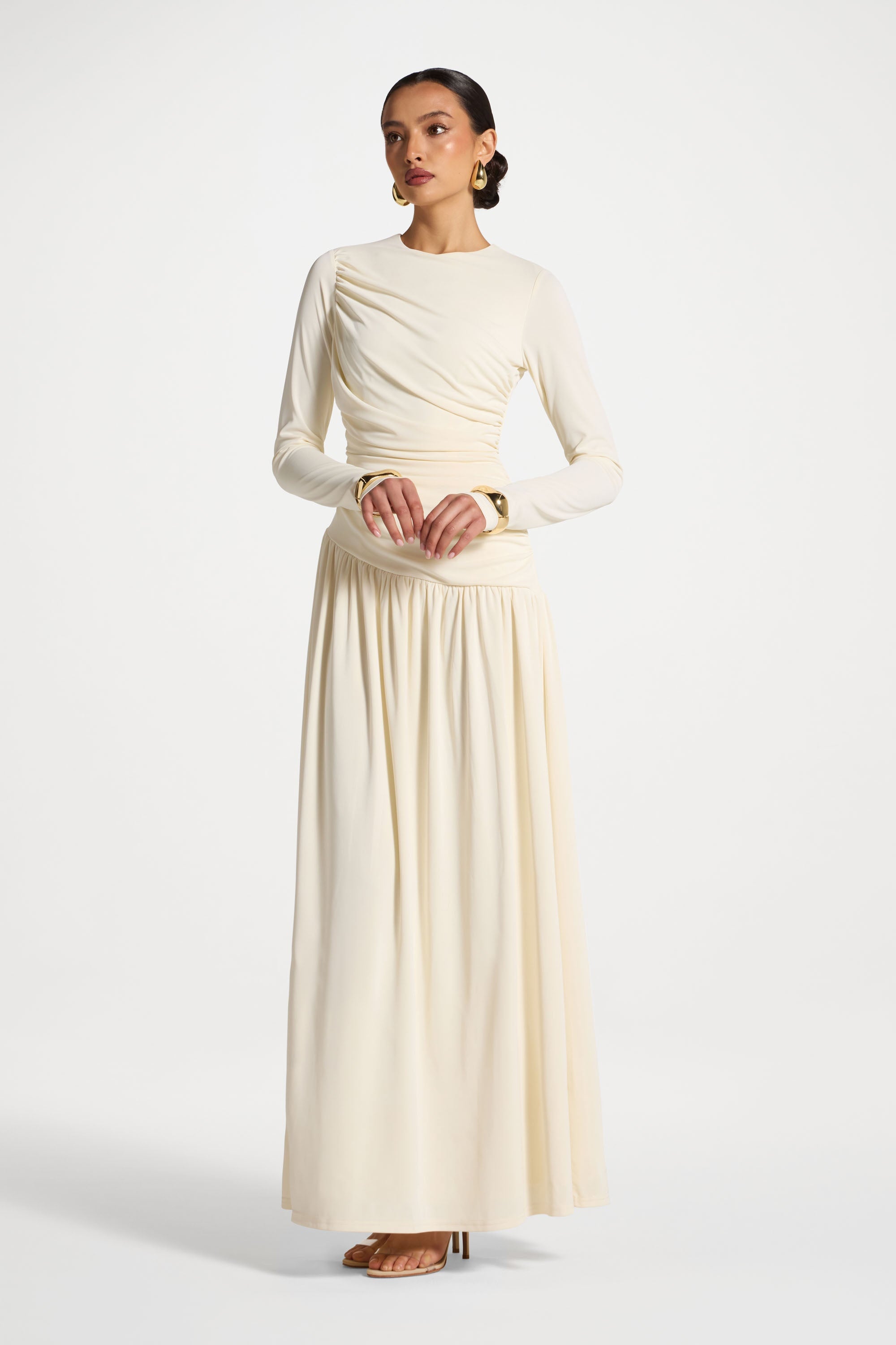 Asymmetrical Waist Rouched Maxi Dress - Ivory Abayas Veiled