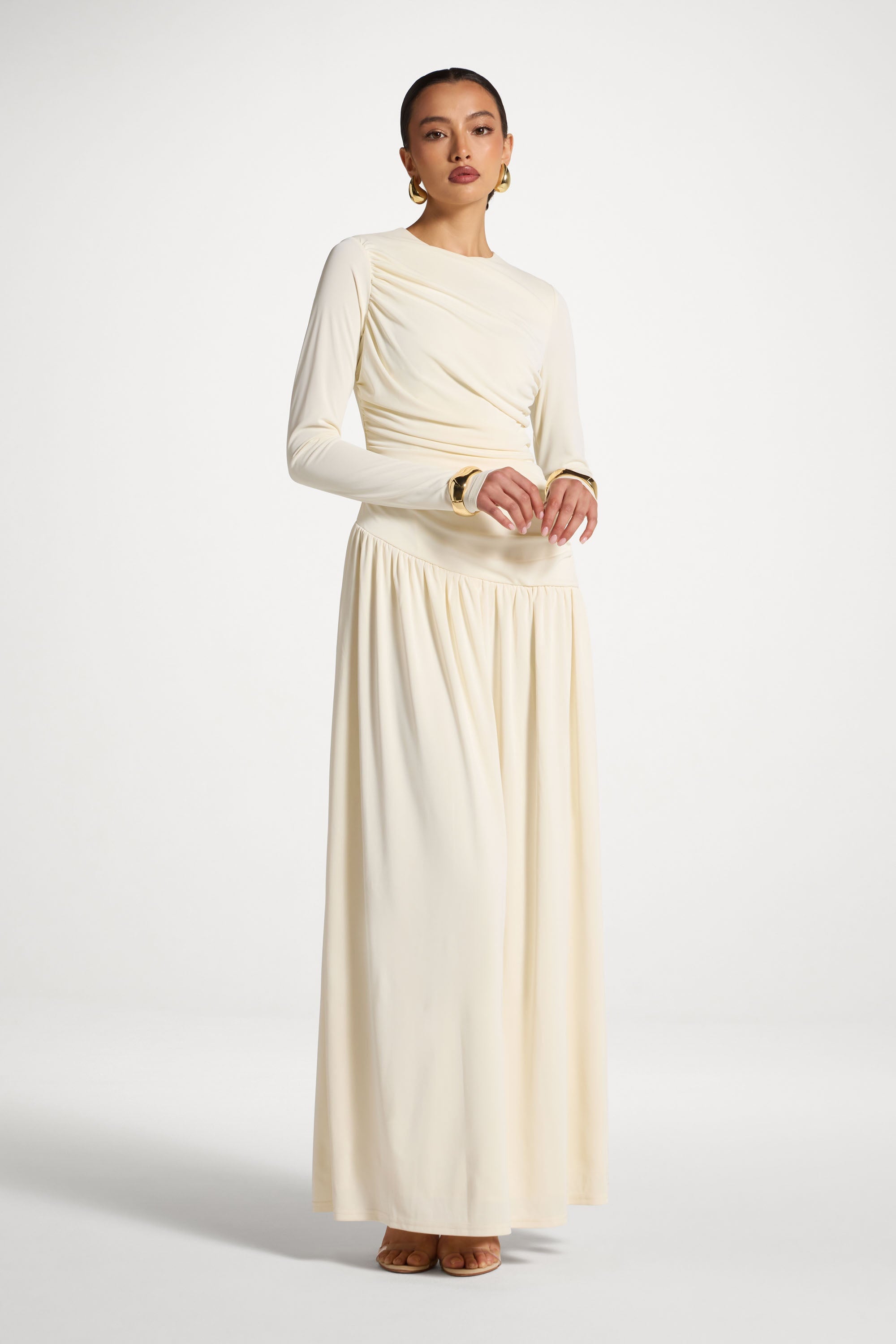 Asymmetrical Waist Rouched Maxi Dress - Ivory Abayas Veiled