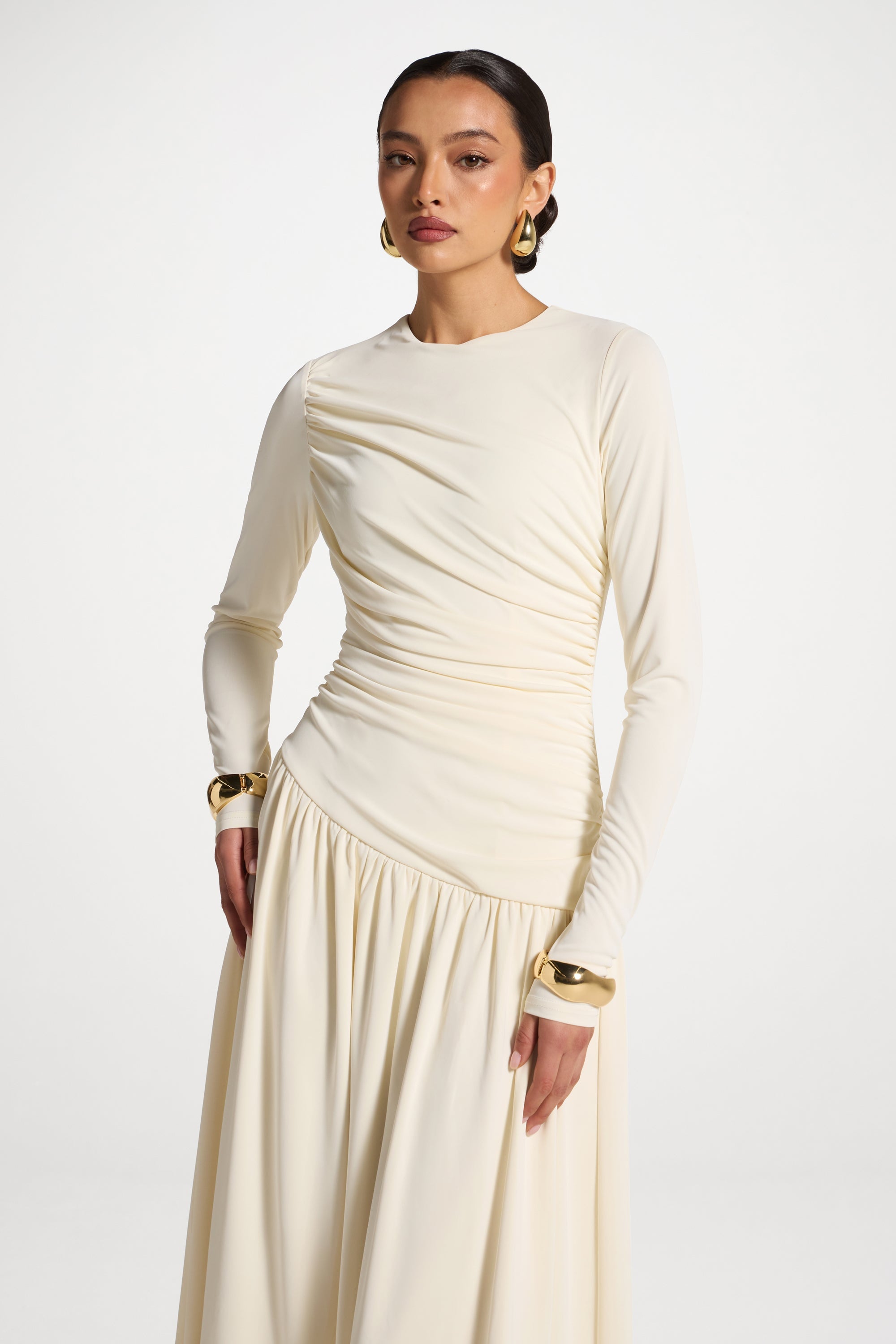 Asymmetrical Waist Rouched Maxi Dress - Ivory Abayas Veiled