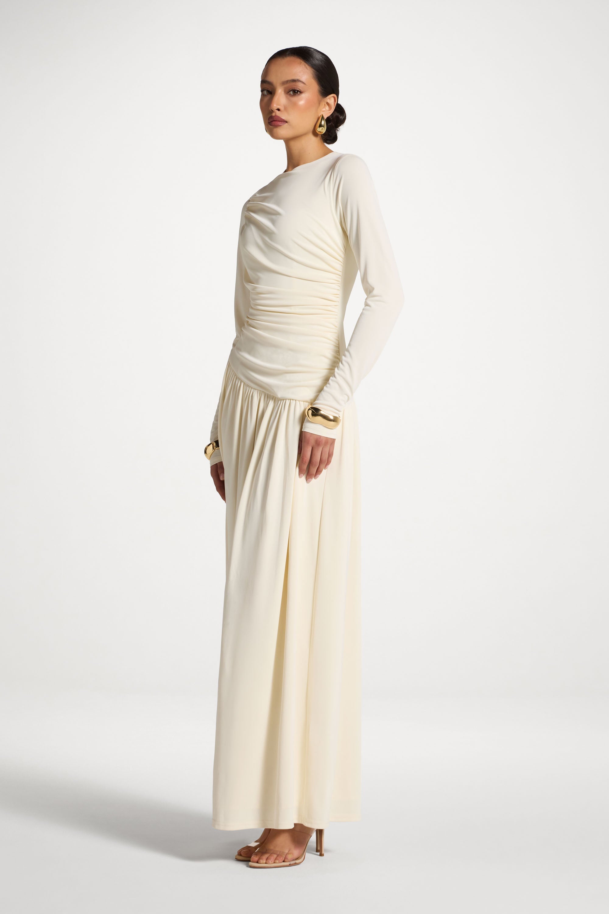 Asymmetrical Waist Rouched Maxi Dress - Ivory Abayas Veiled