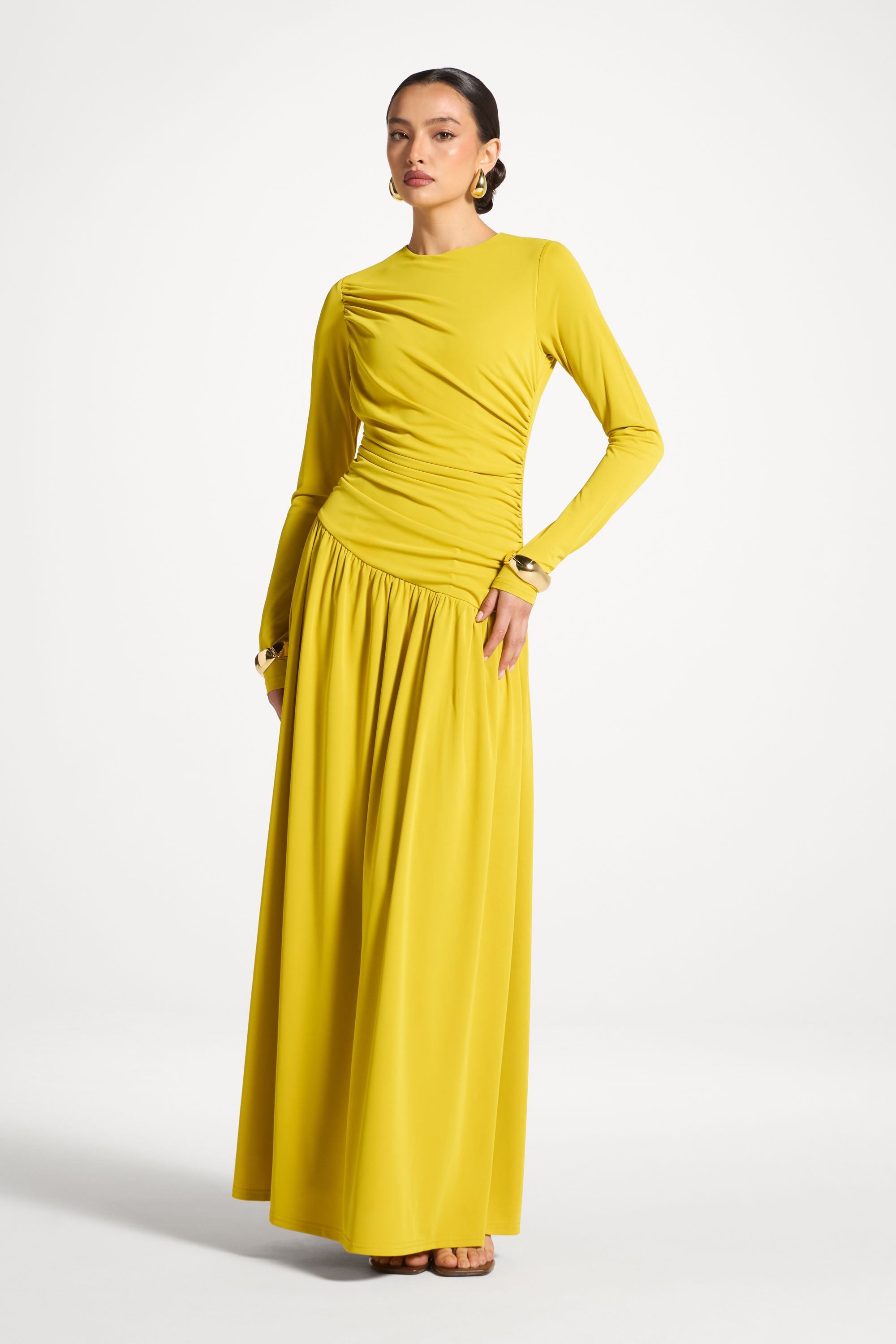 Asymmetrical Waist Rouched Maxi Dress - Mango Mint Abayas Veiled