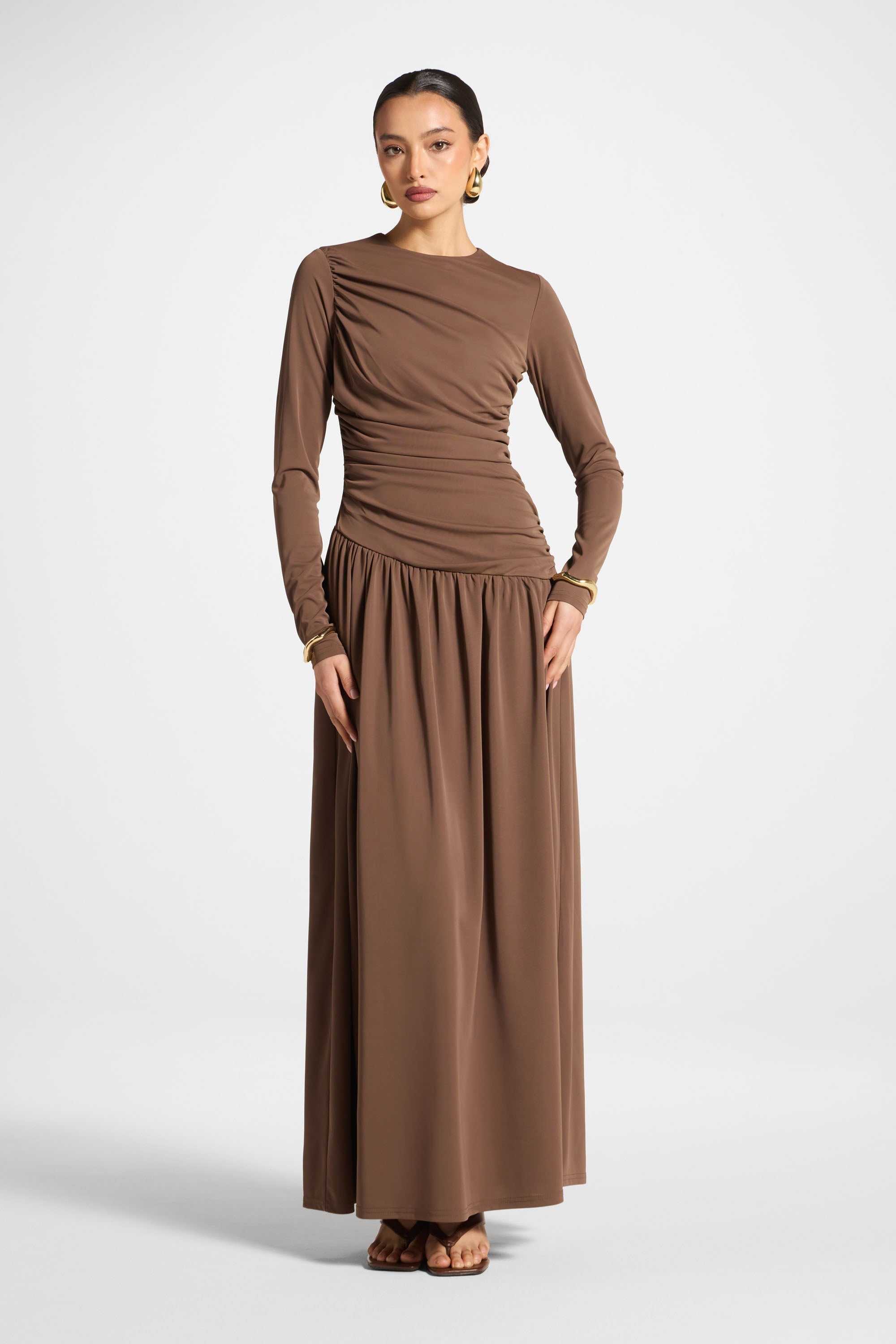 Asymmetrical Waist Rouched Maxi Dress - Mocha Abayas Veiled