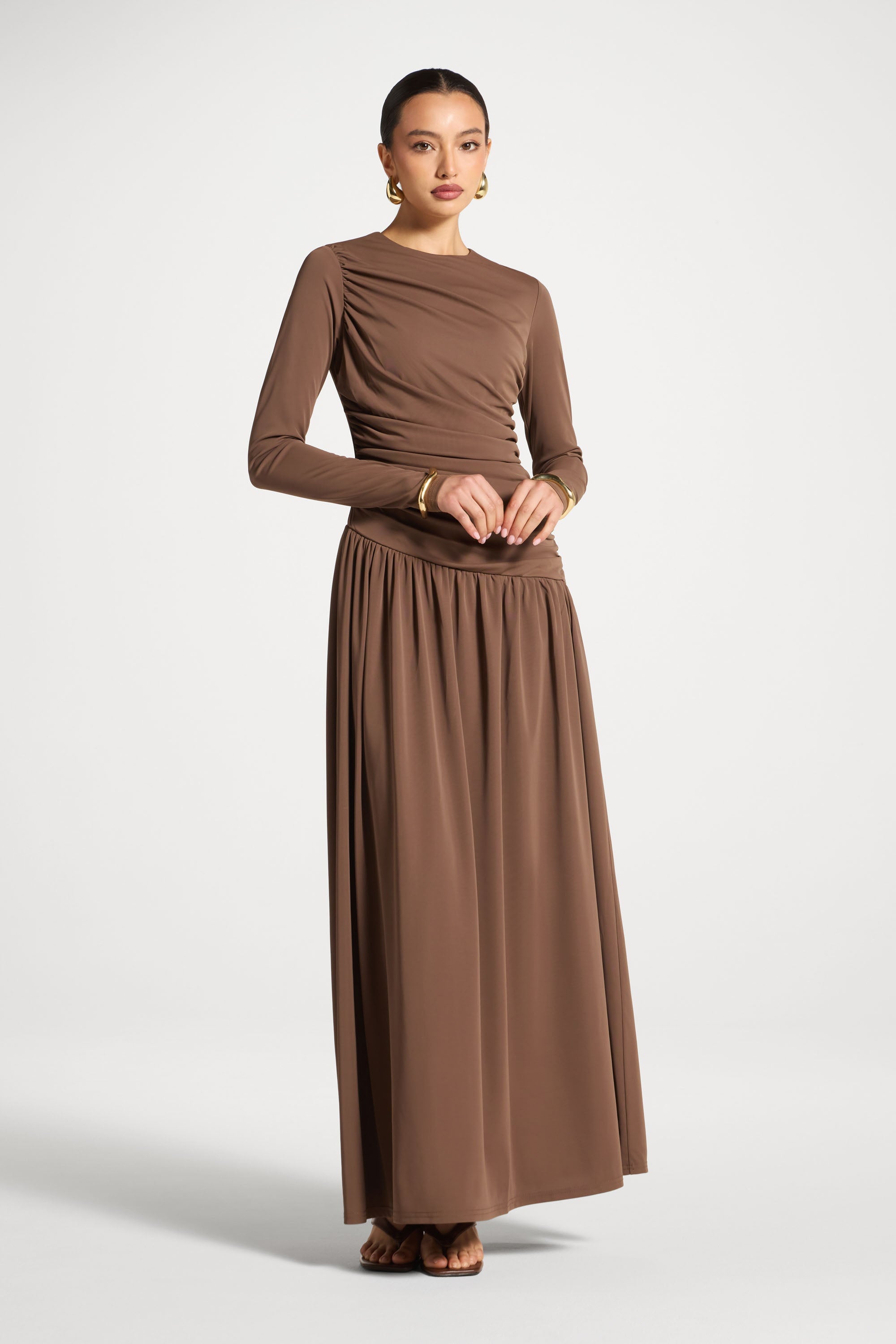 Asymmetrical Waist Rouched Maxi Dress - Mocha Abayas Veiled