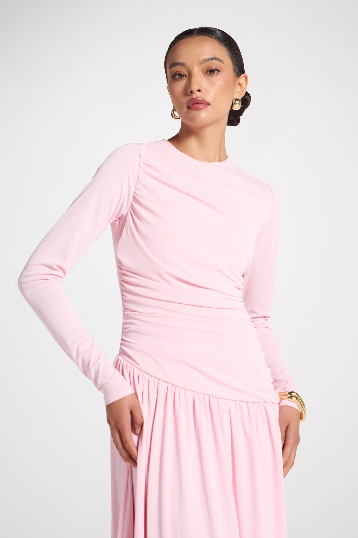 Asymmetrical Waist Rouched Maxi Dress - Pink Abayas Veiled