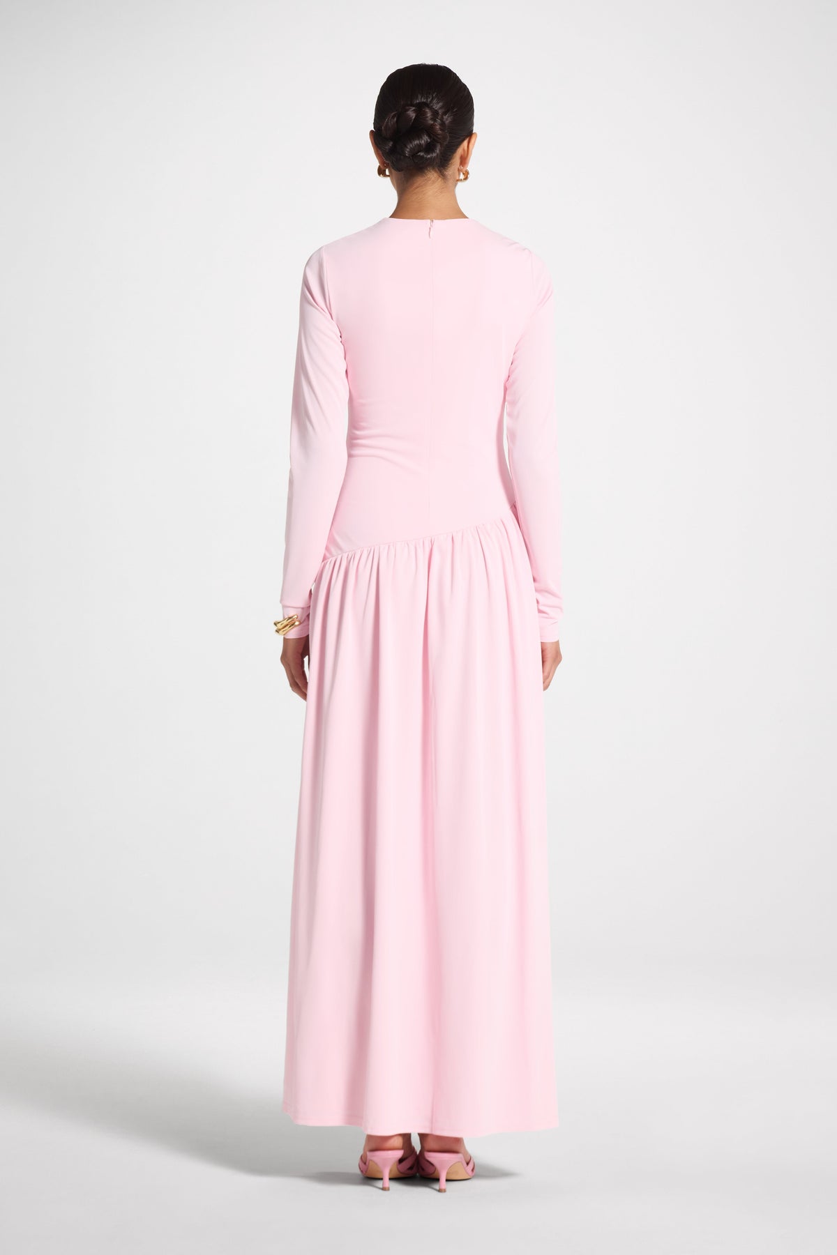 Asymmetrical Waist Rouched Maxi Dress - Pink Abayas Veiled