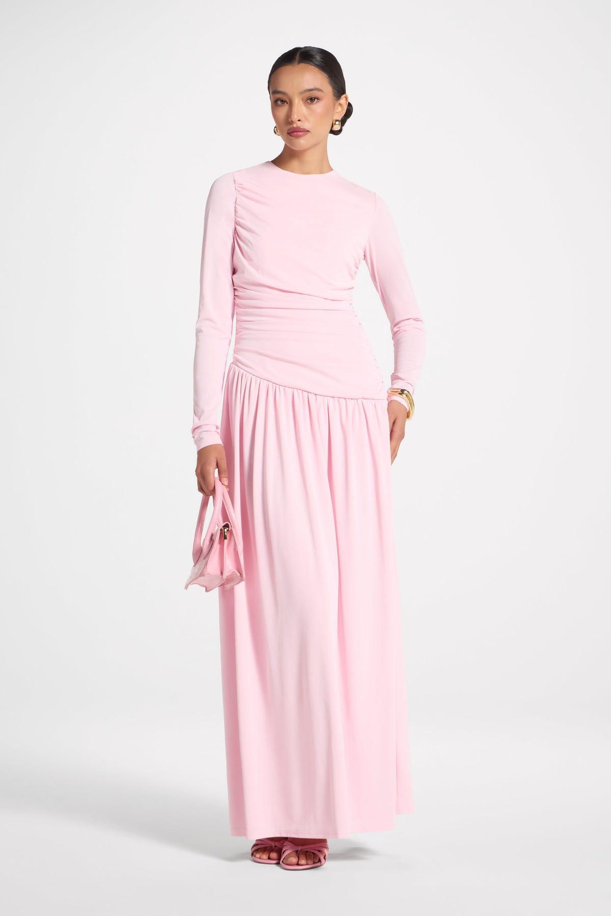 Asymmetrical Waist Rouched Maxi Dress - Pink Abayas Veiled
