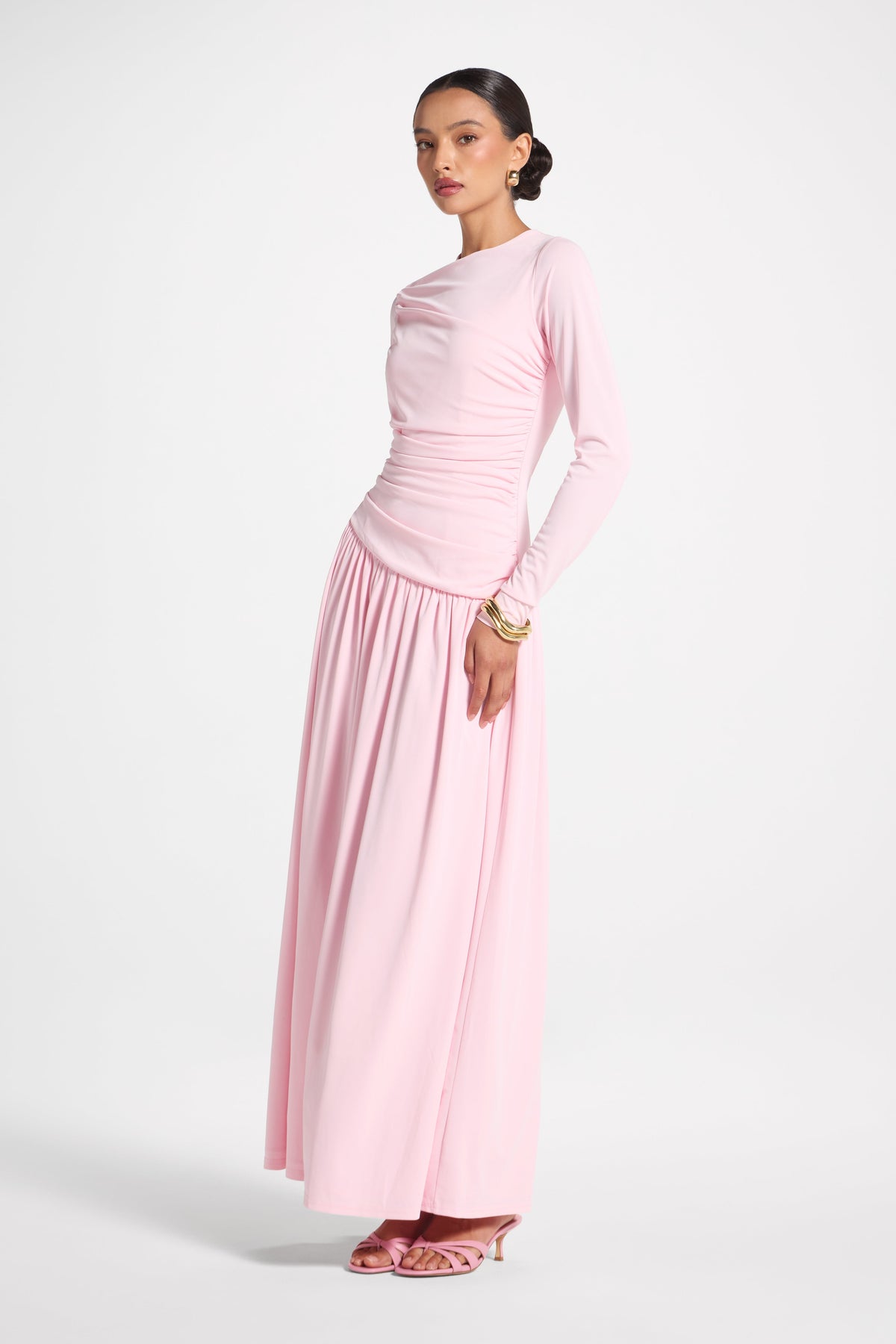 Asymmetrical Waist Rouched Maxi Dress - Pink Abayas Veiled