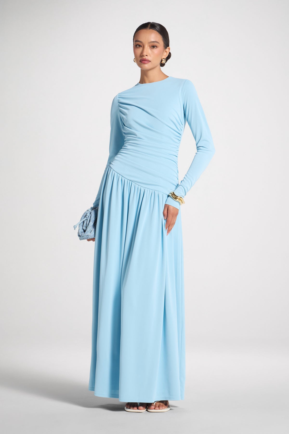 Asymmetrical Waist Rouched Maxi Dress - Sky Blue Abayas Veiled