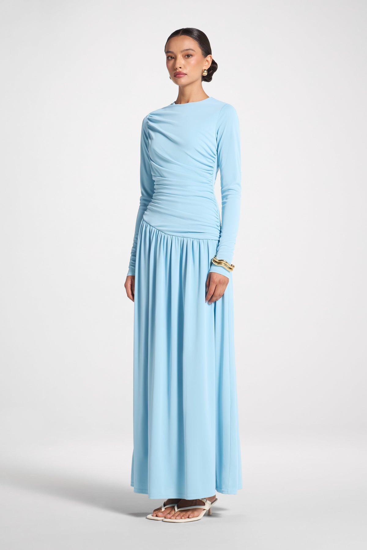 Asymmetrical Waist Rouched Maxi Dress - Sky Blue Abayas Veiled