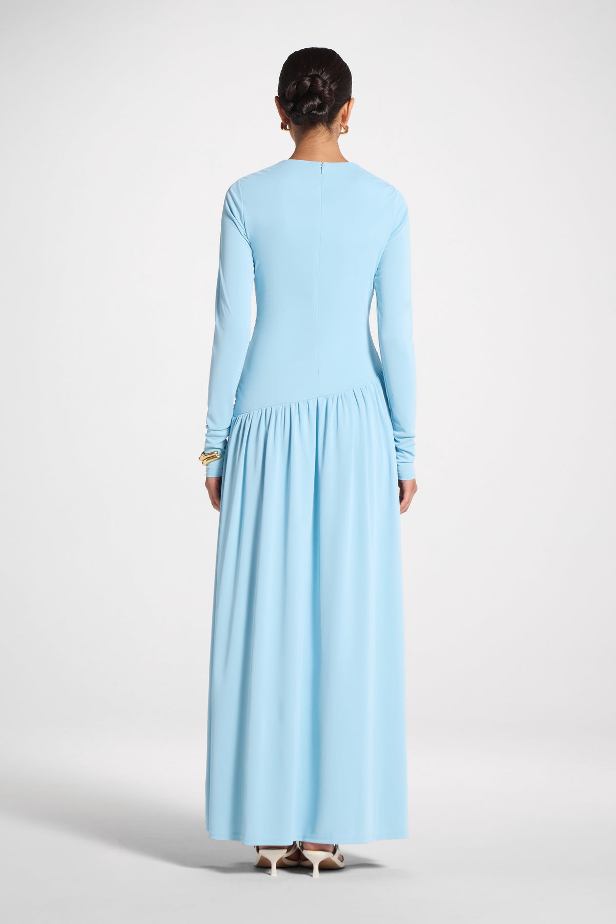 Asymmetrical Waist Rouched Maxi Dress - Sky Blue Abayas Veiled