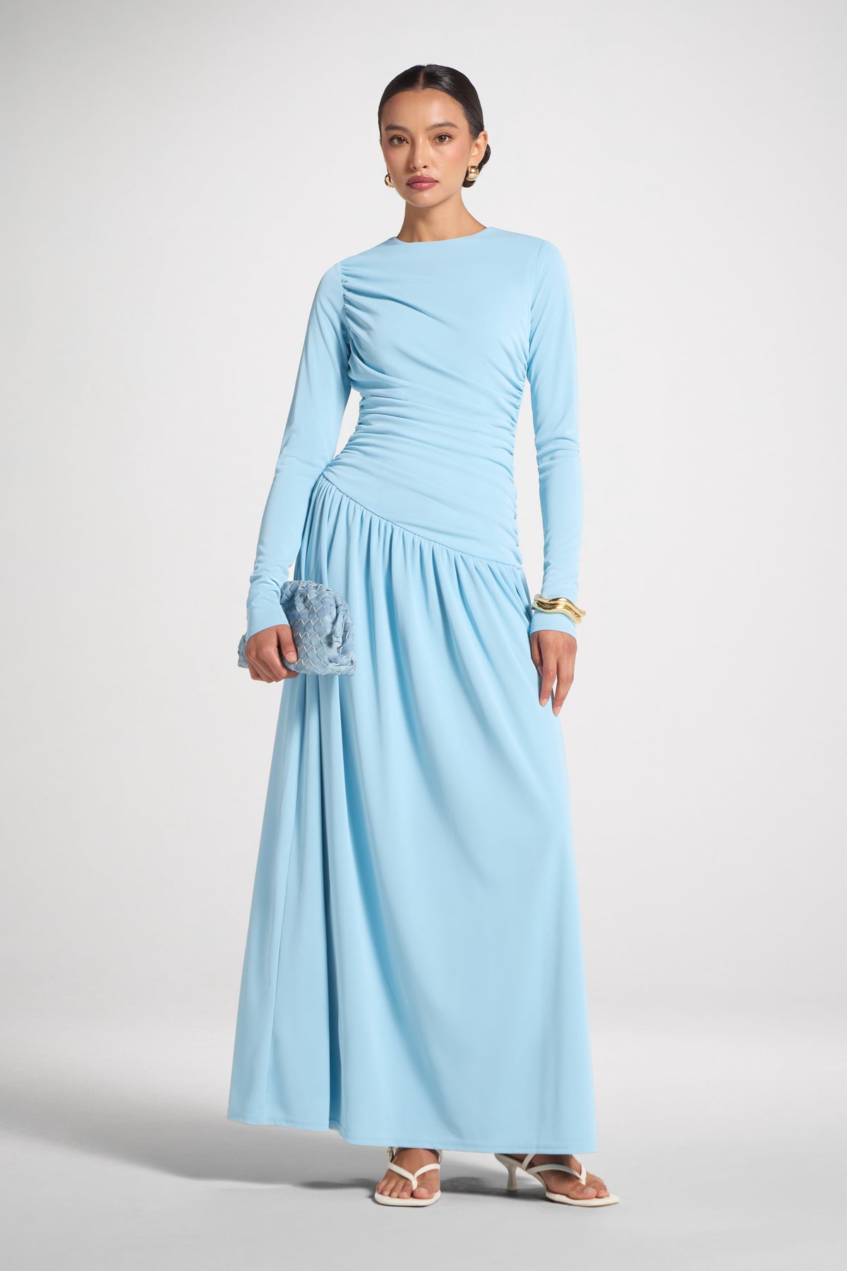 Asymmetrical Waist Rouched Maxi Dress - Sky Blue Abayas Veiled