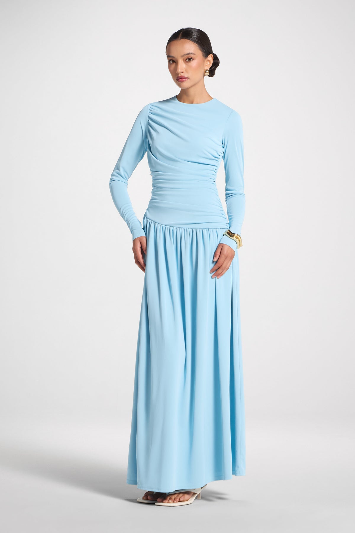 Asymmetrical Waist Rouched Maxi Dress - Sky Blue Abayas Veiled
