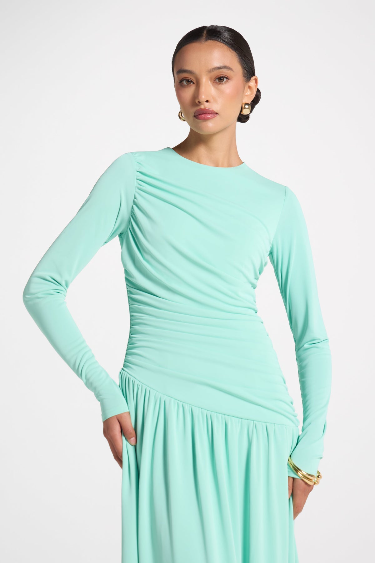 Asymmetrical Waist Rouched Maxi Dress - Yucca Abayas Veiled