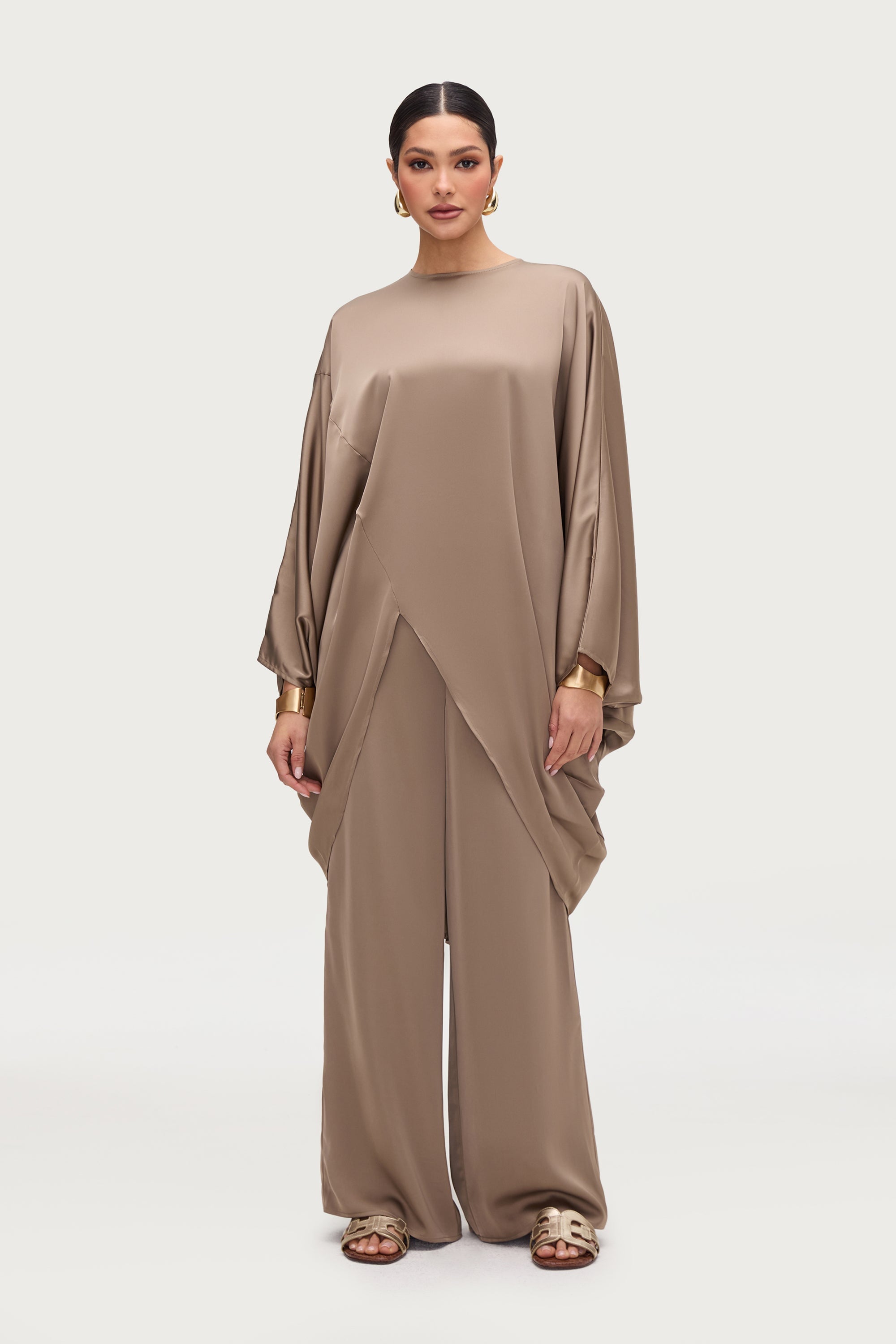 Ayat Asymmetric Satin Top - Truffle Tops Veiled Collection