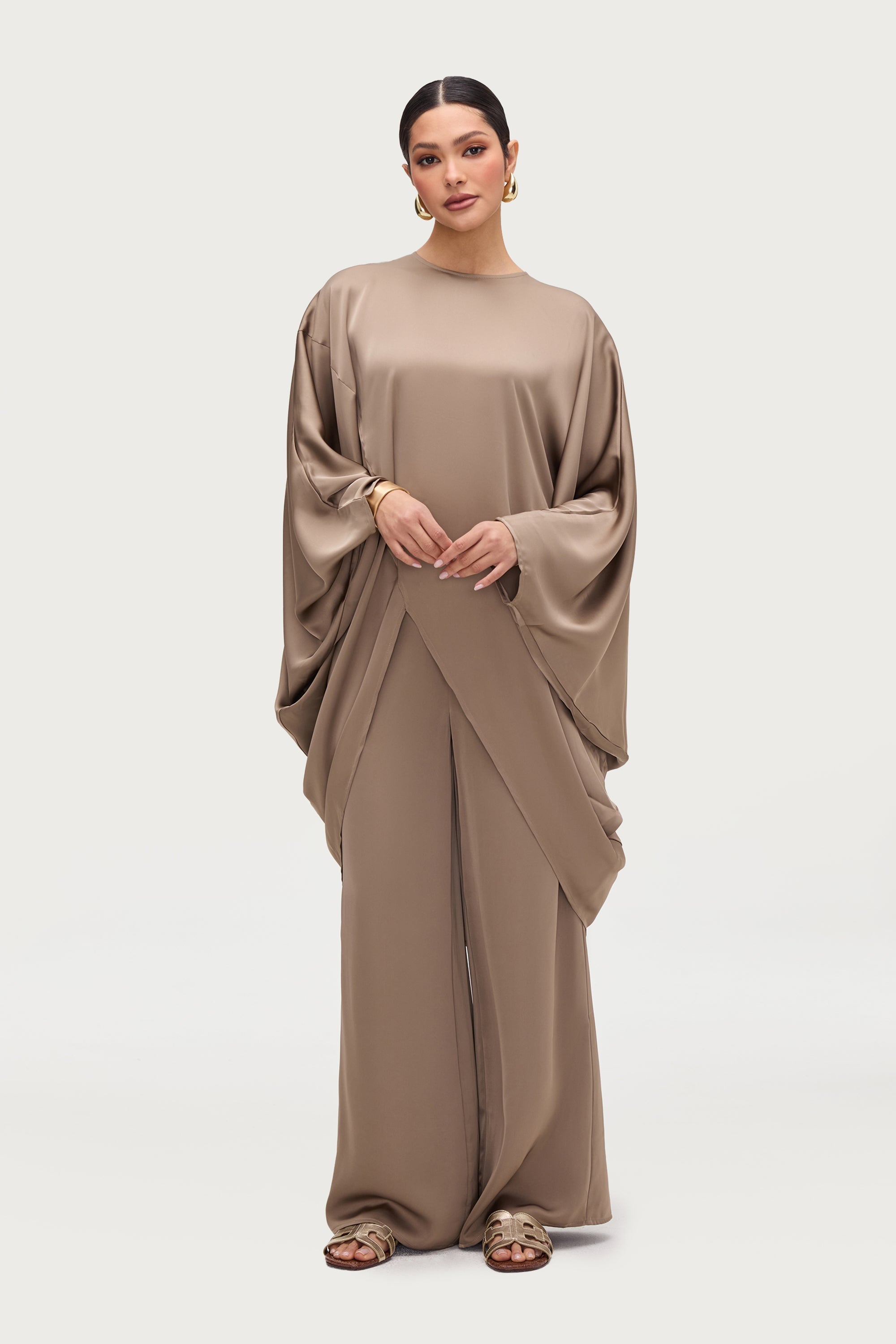 Ayat Asymmetric Satin Top - Truffle Tops Veiled Collection