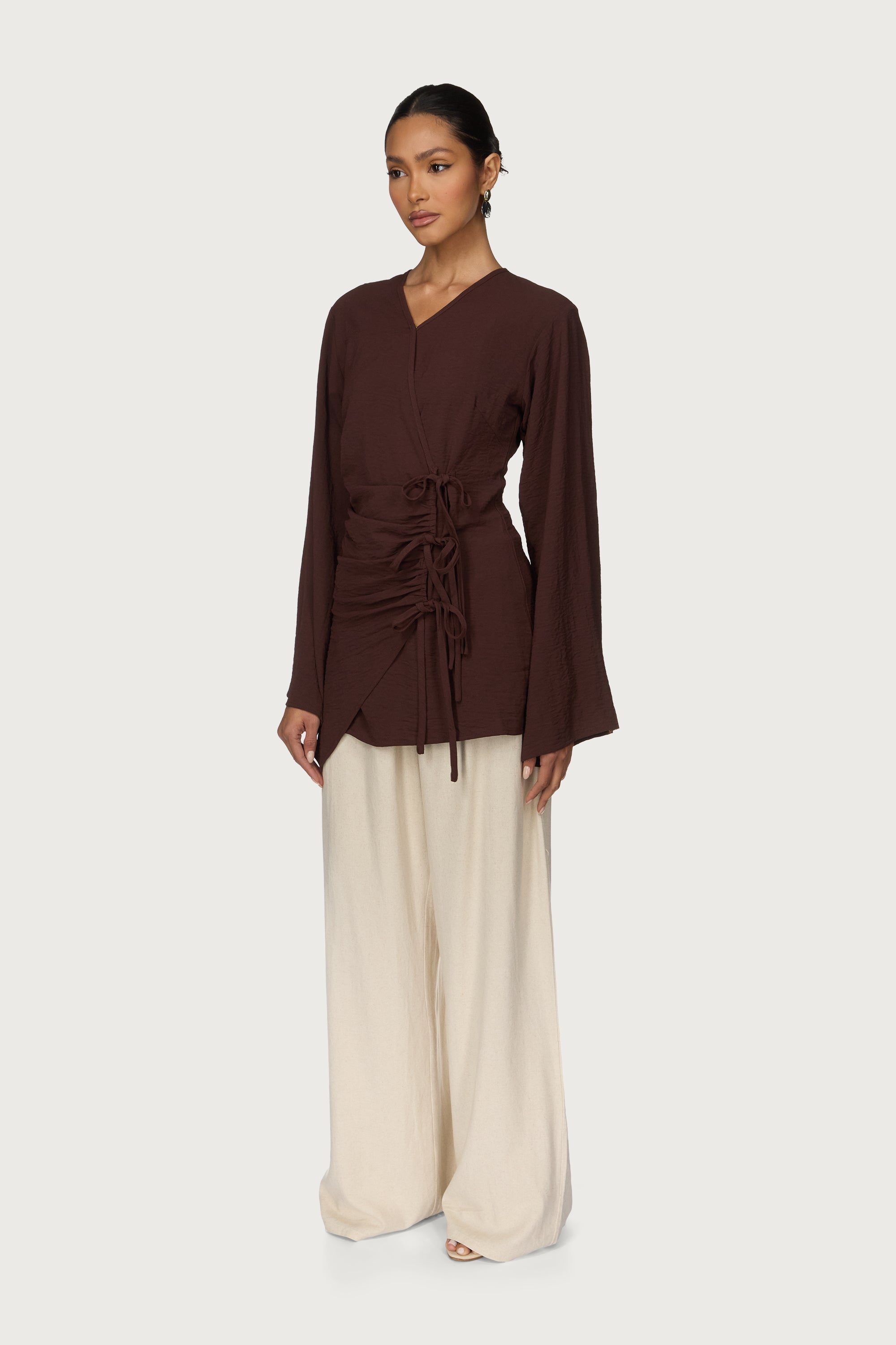 Ayla Asymmetric Tie Top - Chocolate Abayas Veiled