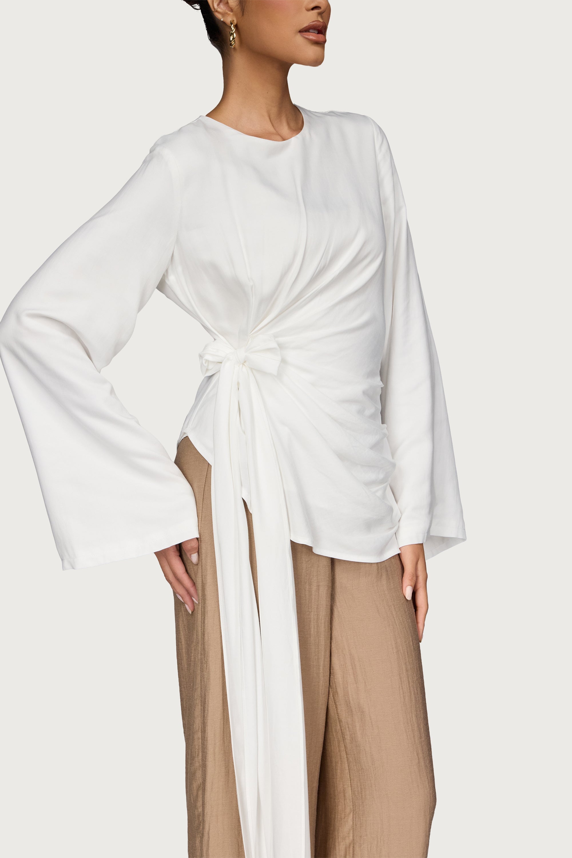 Bamboo Asymmetric Side Tie Top - White Dresses Veiled