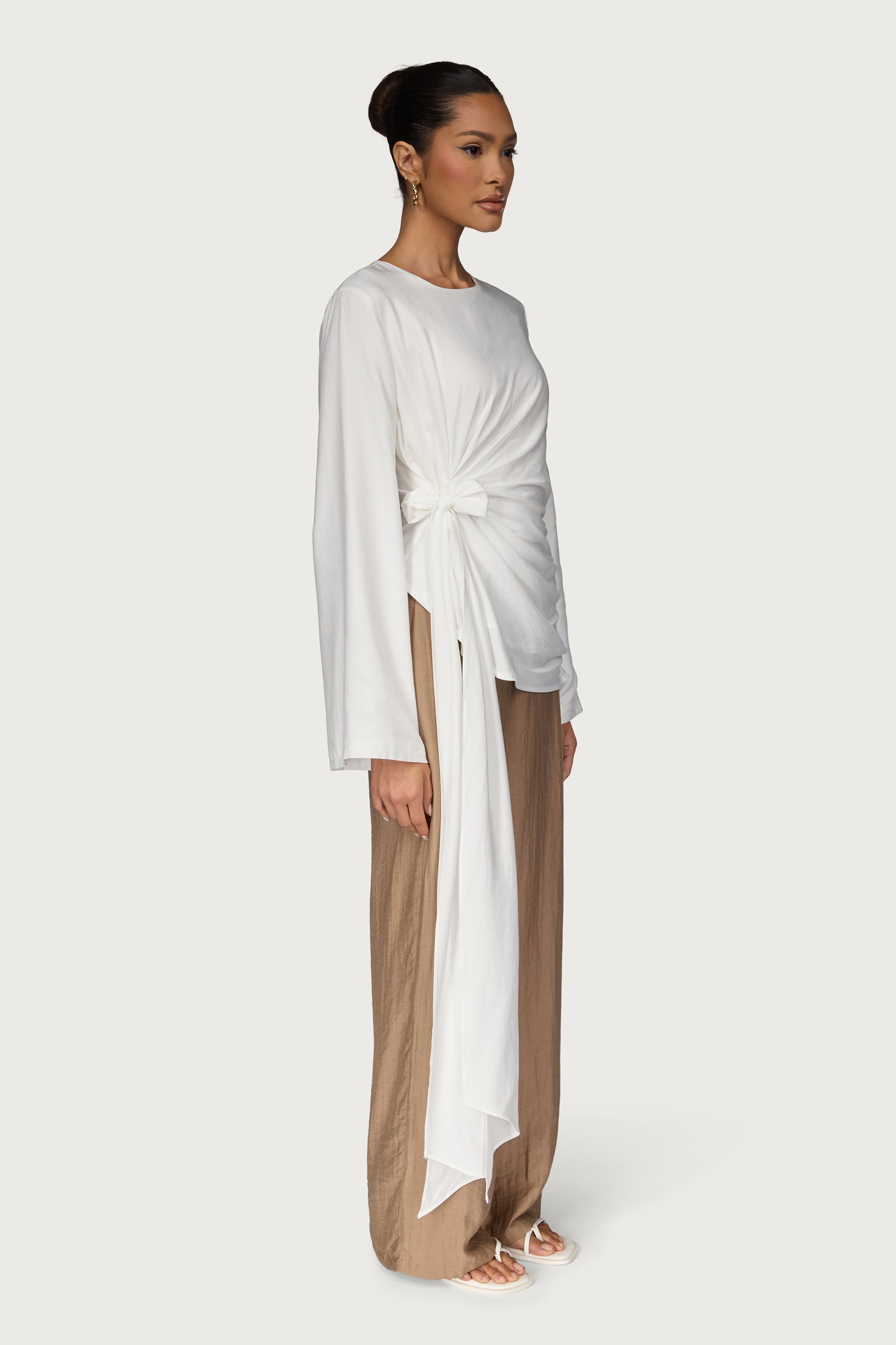 Bamboo Asymmetric Side Tie Top - White Dresses Veiled