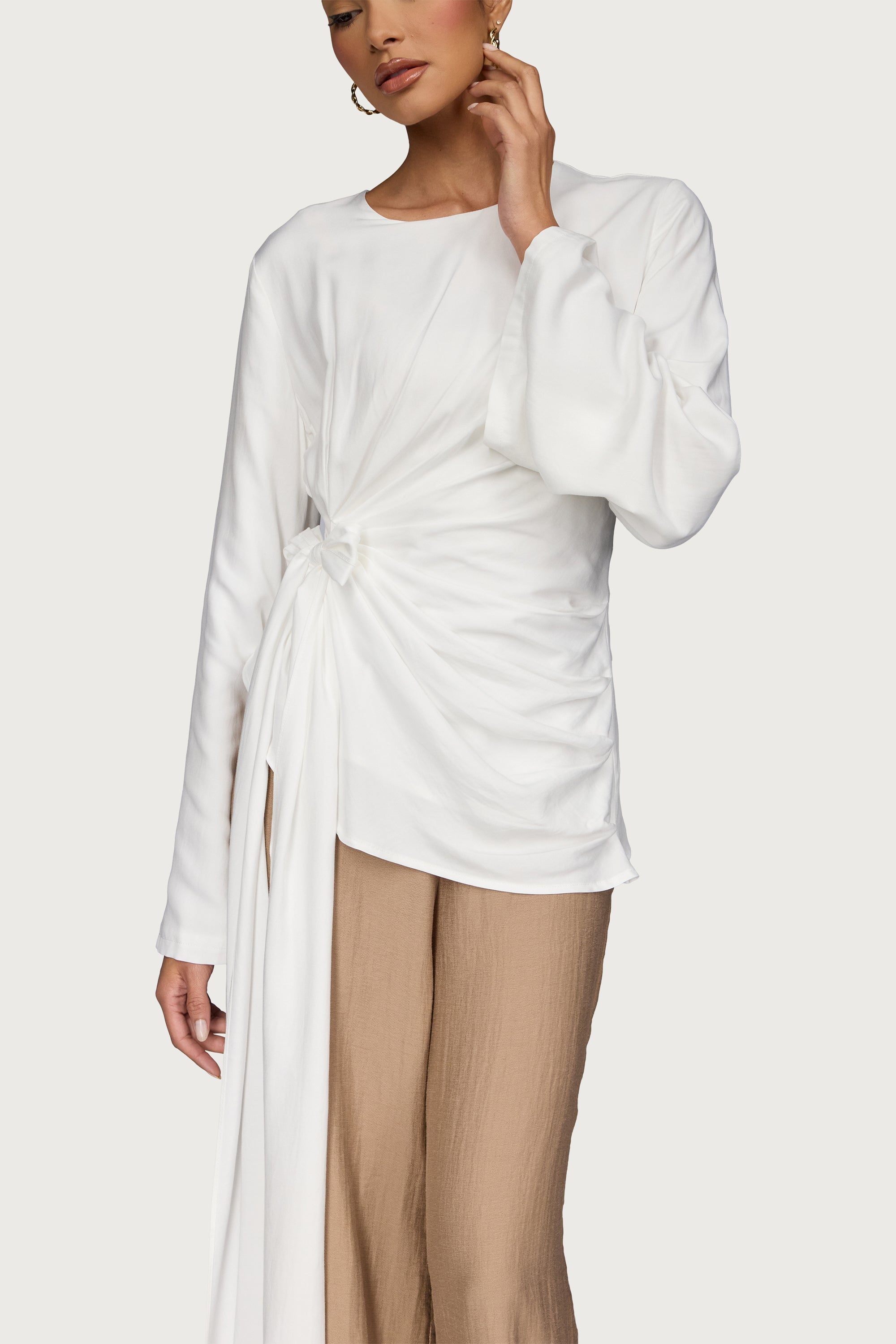 Bamboo Asymmetric Side Tie Top - White Dresses Veiled