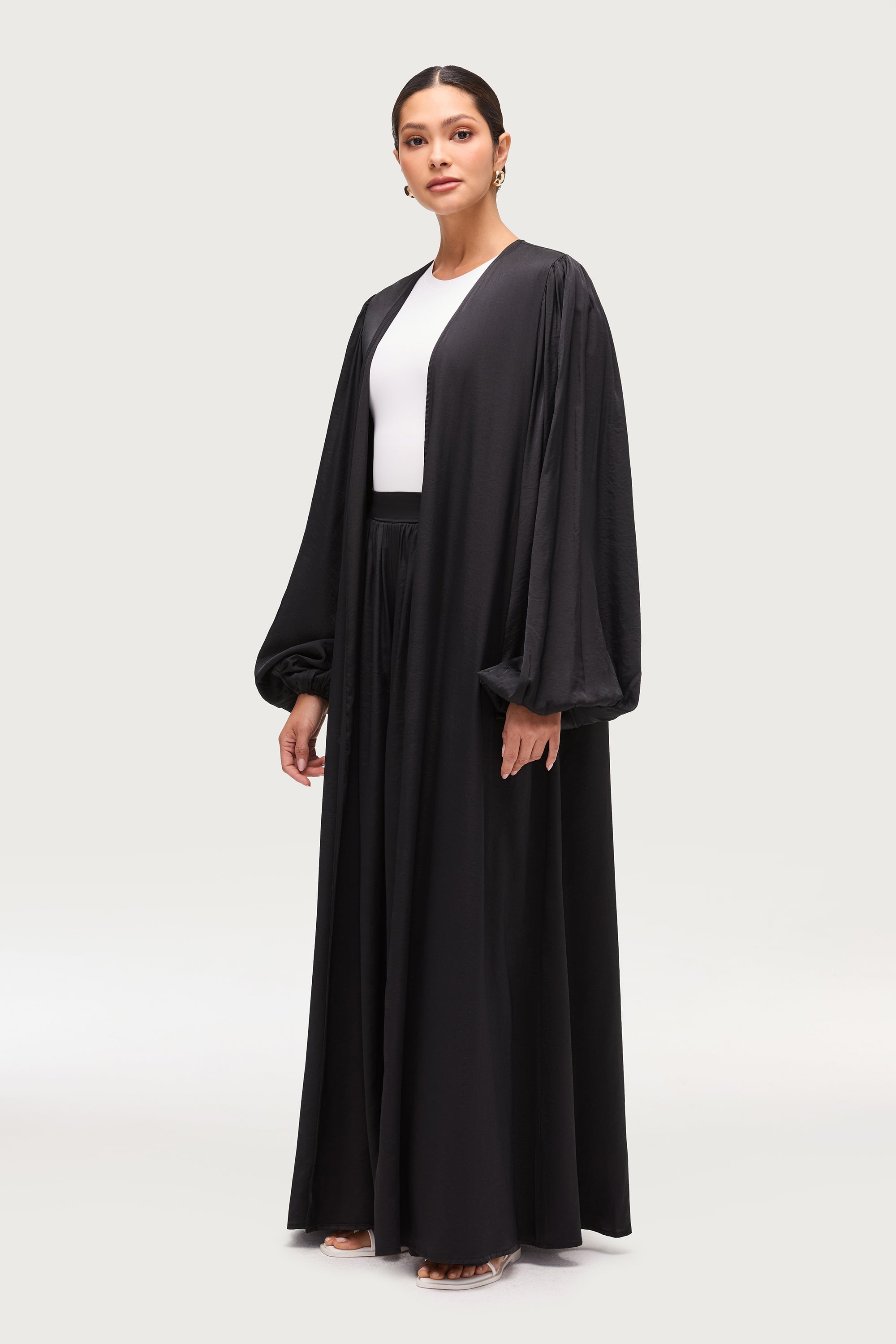 Bamboo Balloon Sleeve Open Abaya - Black Dresses Veiled