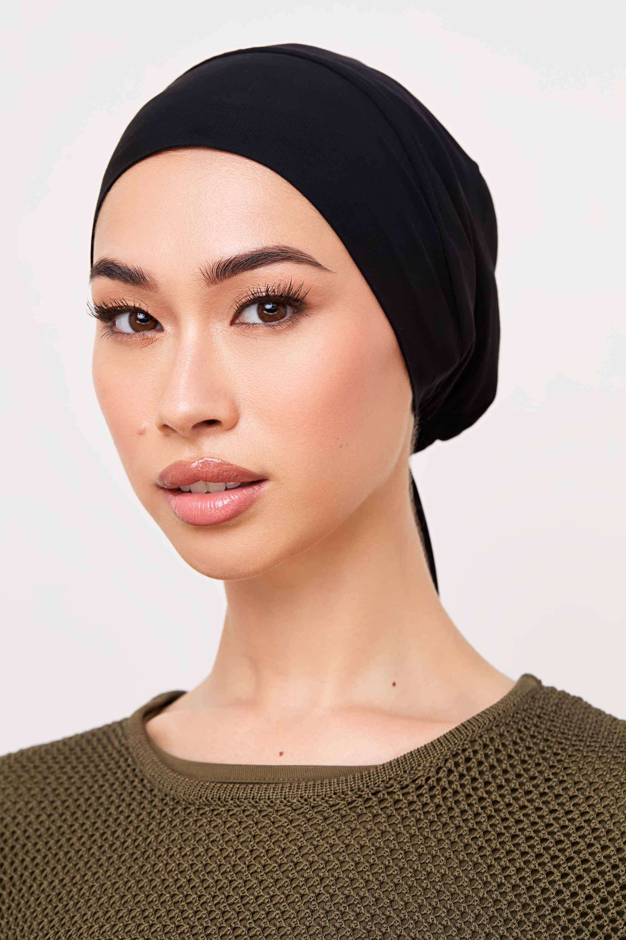 Bamboo Jersey Silk Lined Tie Back Undercap - Black Veiled