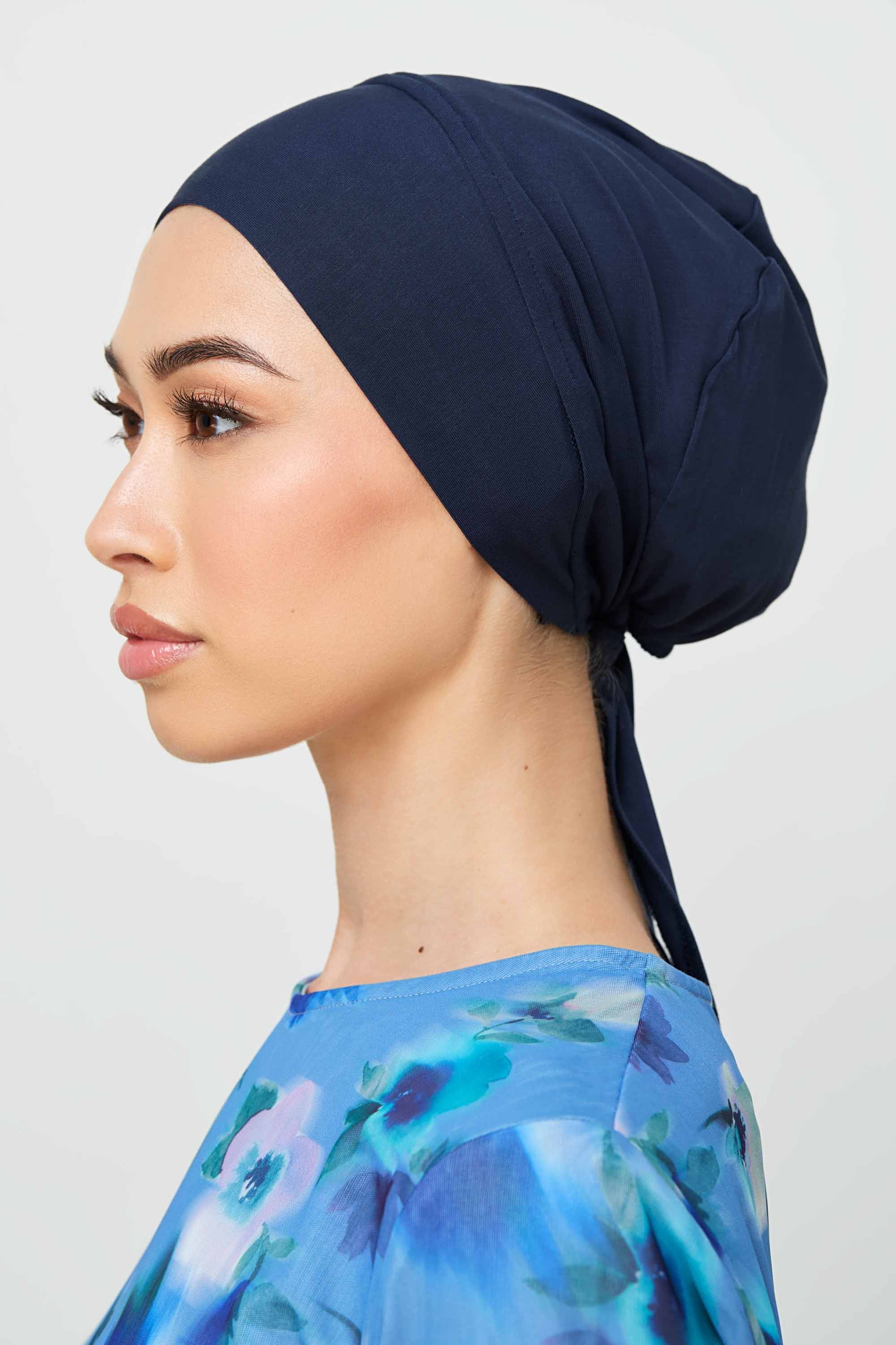 Bamboo Jersey Silk Lined Tie Back Undercap - Navy Veiled