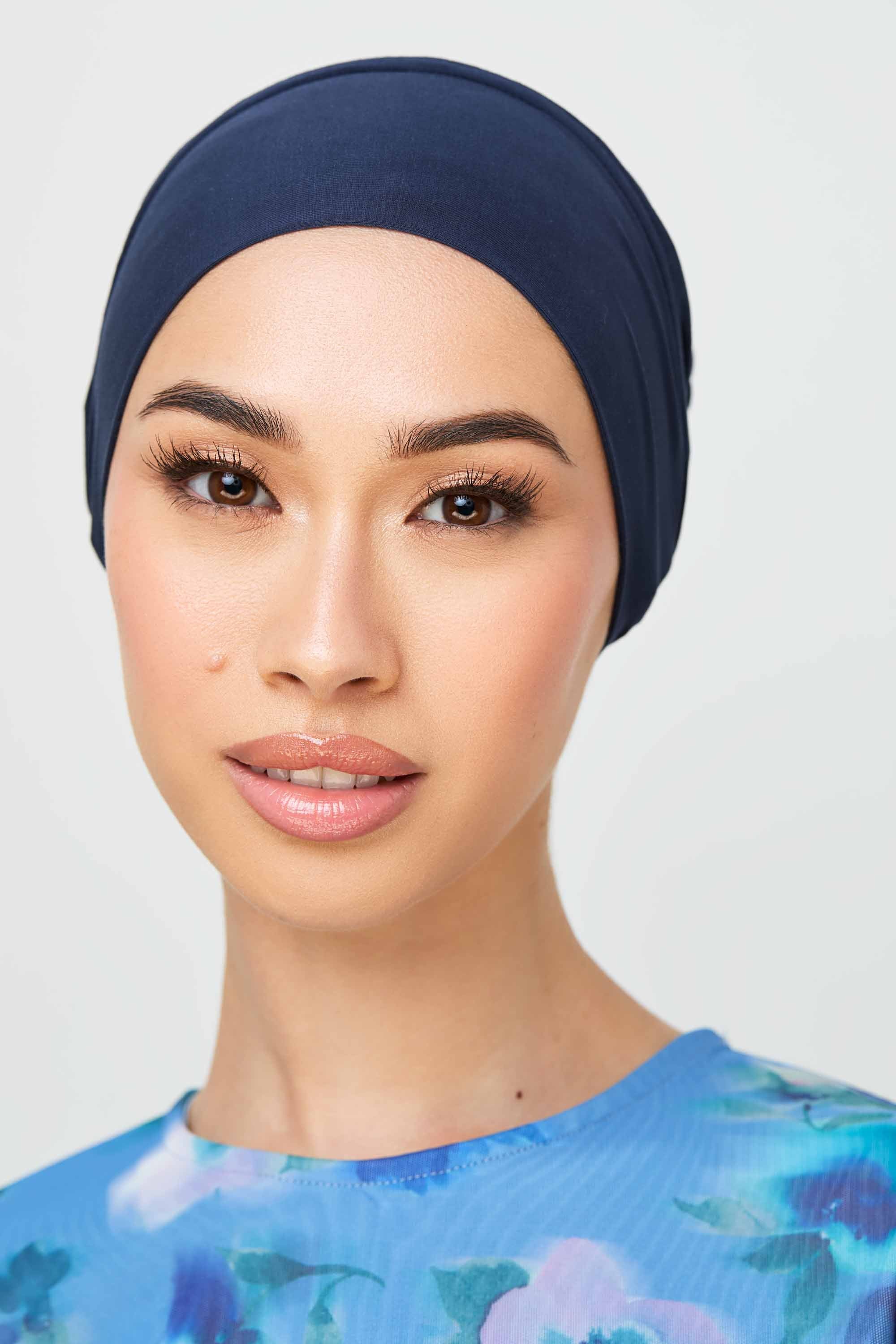 Bamboo Jersey Silk Lined Tie Back Undercap - Navy Veiled