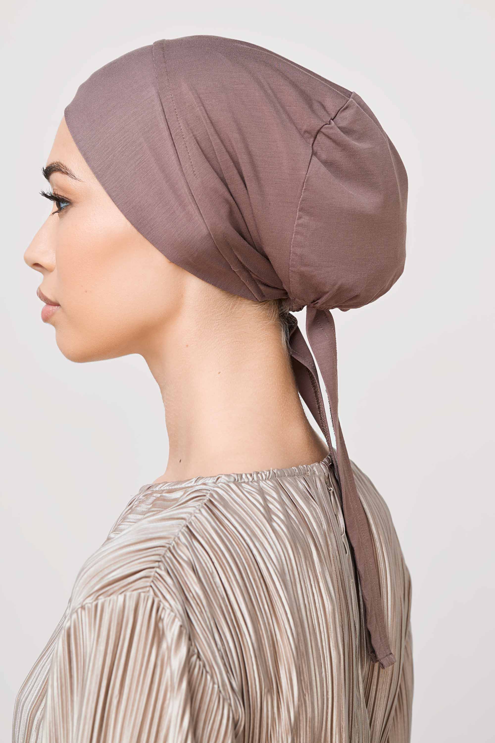 Bamboo Jersey Silk Lined Tie Back Undercap - Peppercorn Veiled