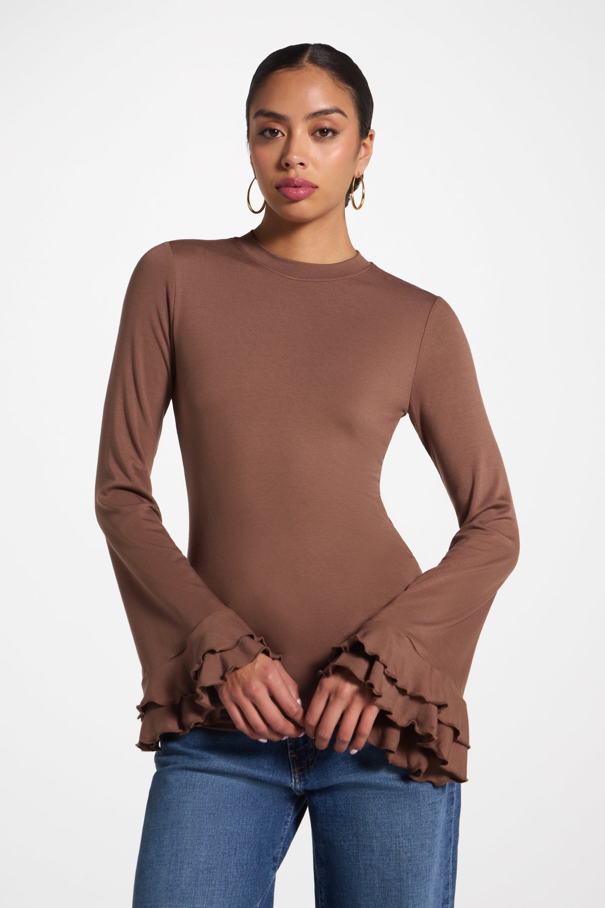 Bamboo Ruffle Flare Sleeve Top - Chocolate Abayas Veiled