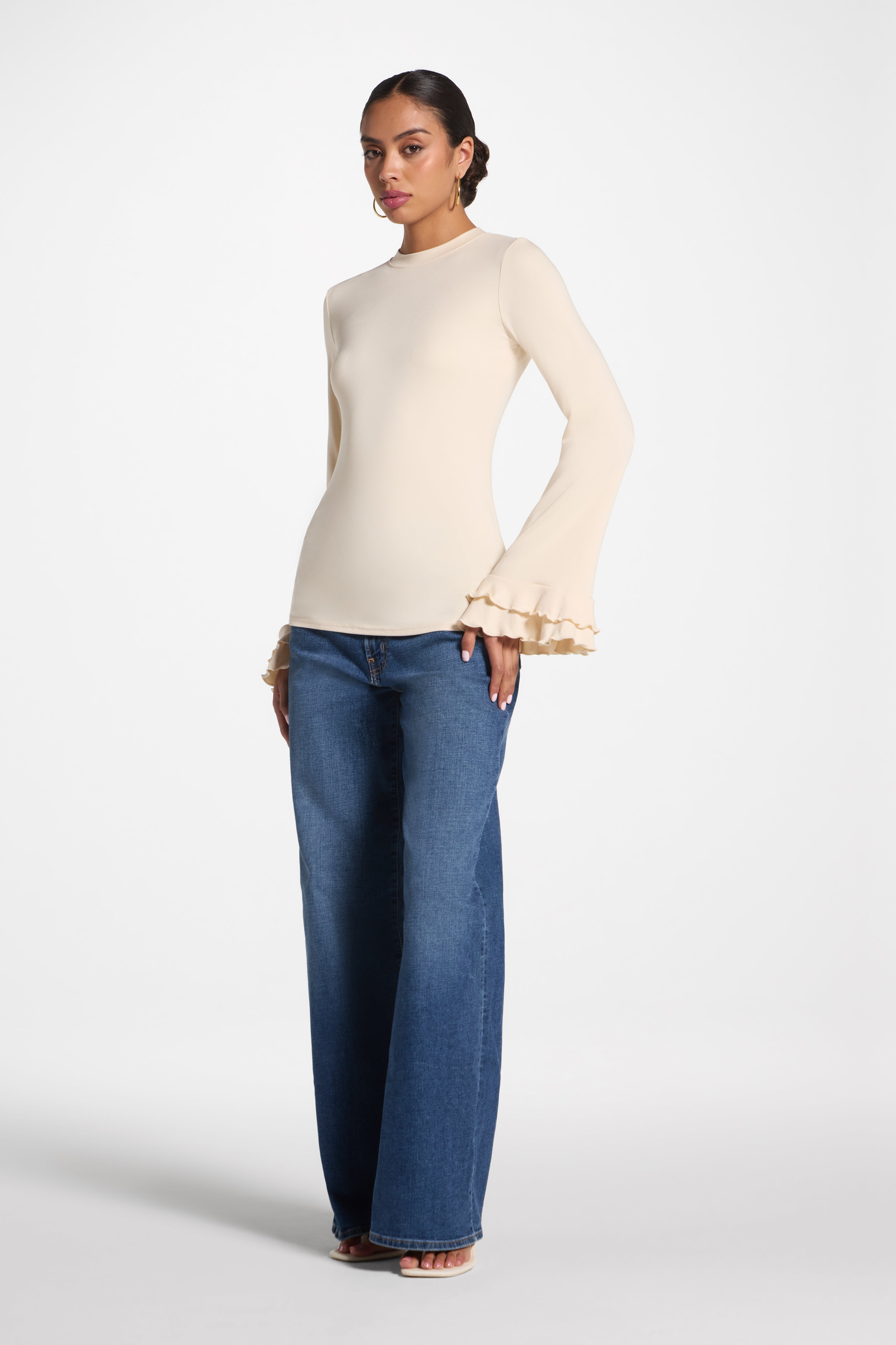 Bamboo Ruffle Flare Sleeve Top - Stone Abayas Veiled