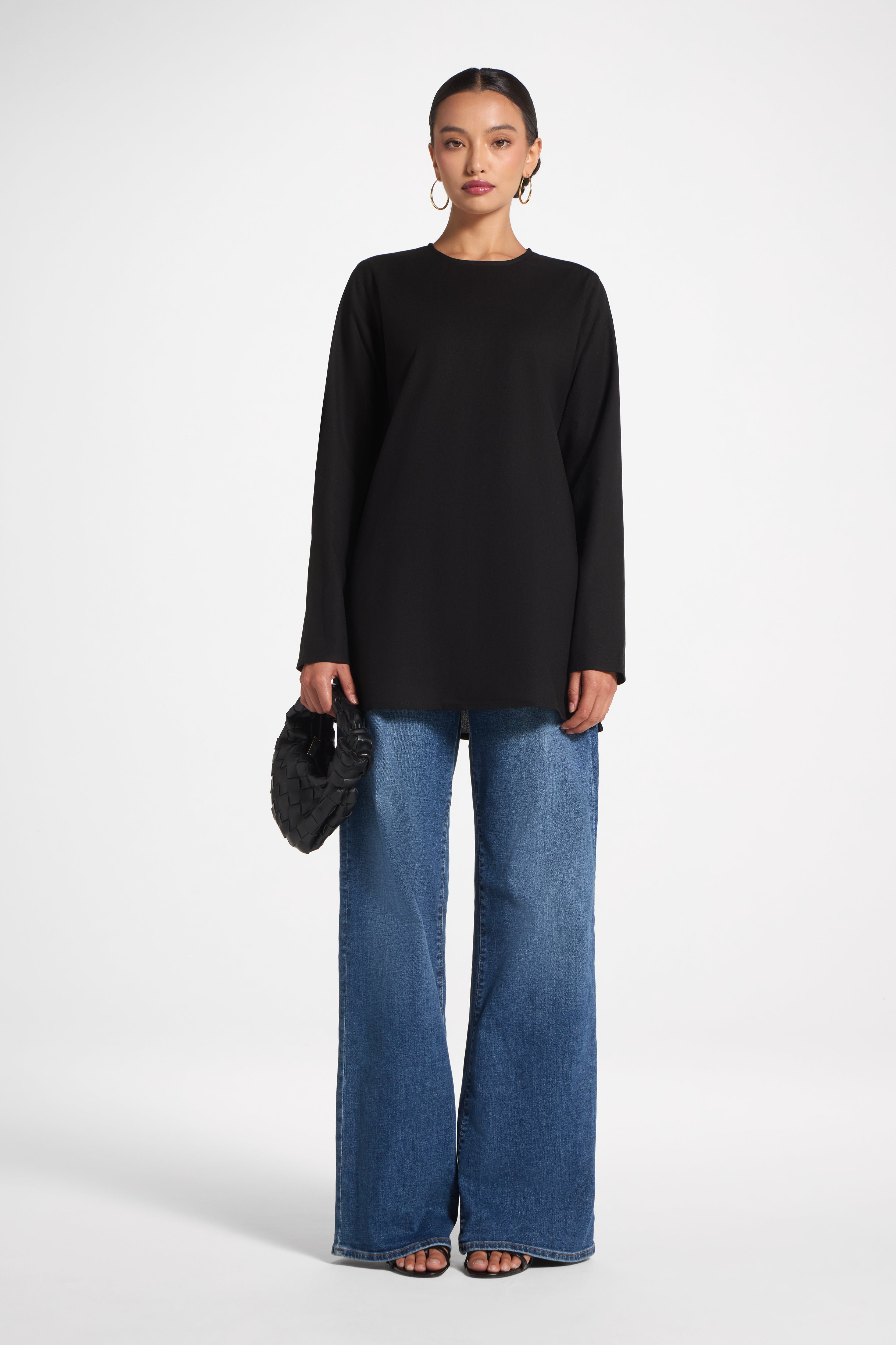 Basic Cotton Linen Long Sleeve Top - Black Top Veiled