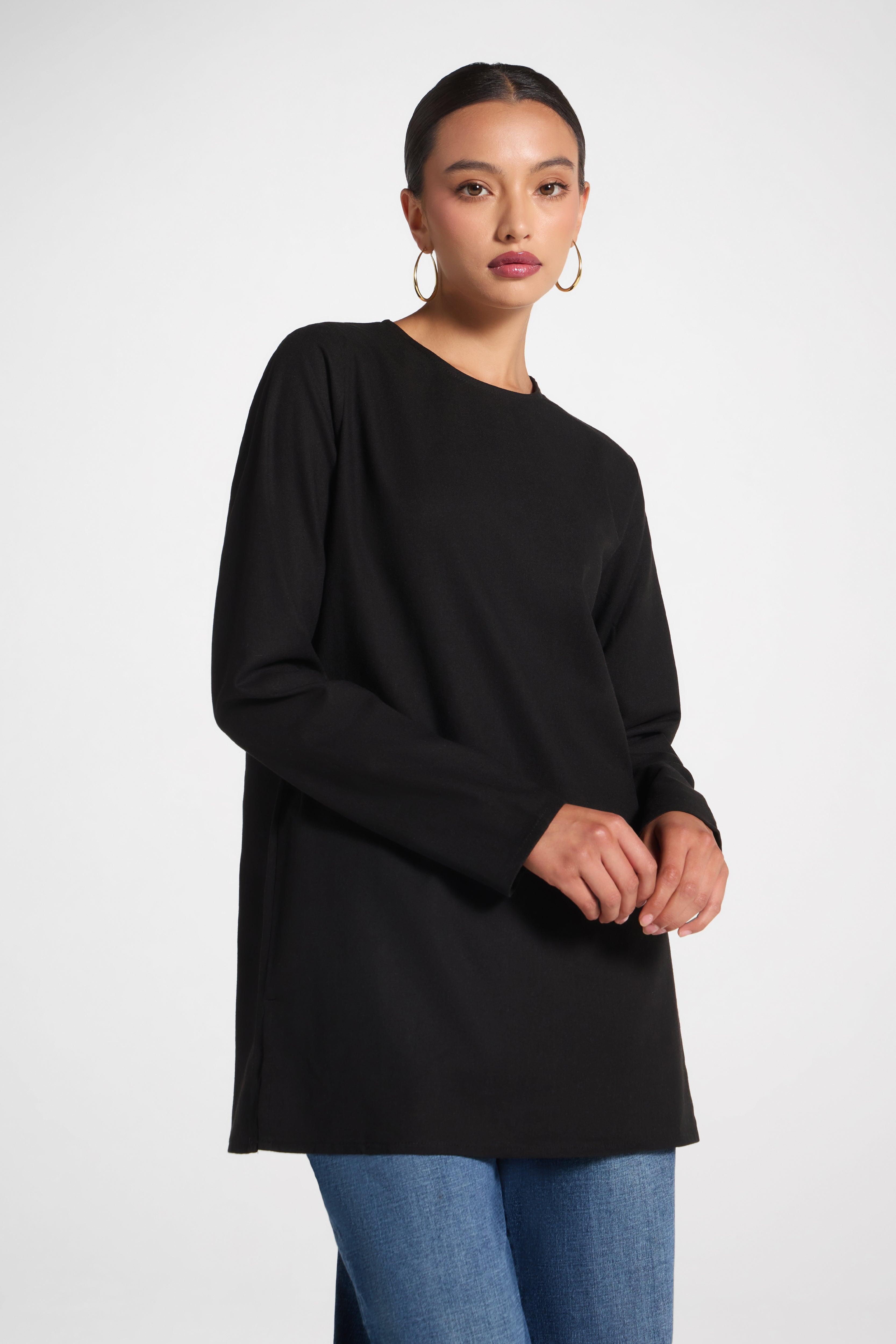 Basic Cotton Linen Long Sleeve Top - Black Top Veiled