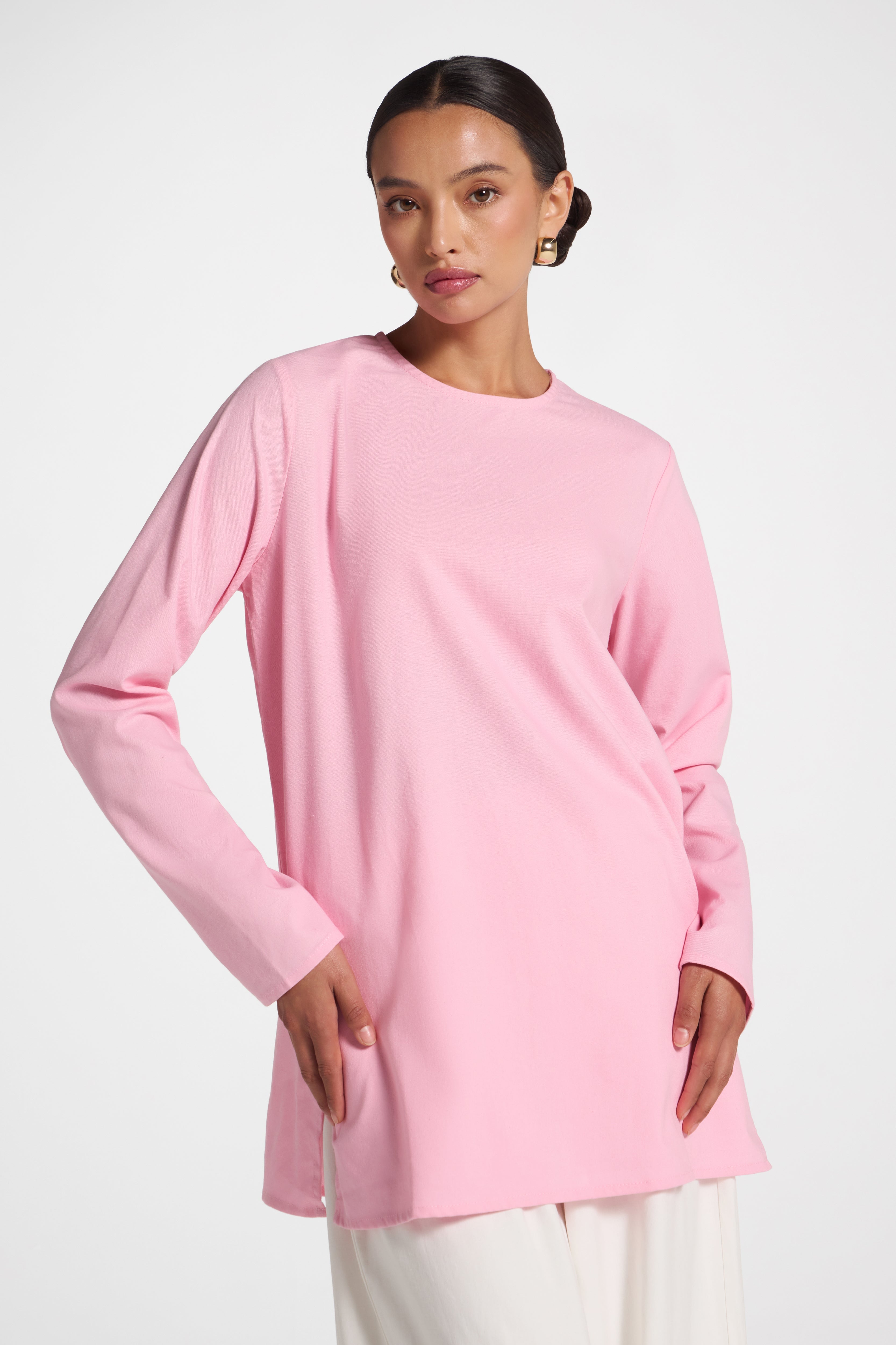 Basic Cotton Linen Long Sleeve Top - Pink Top Veiled