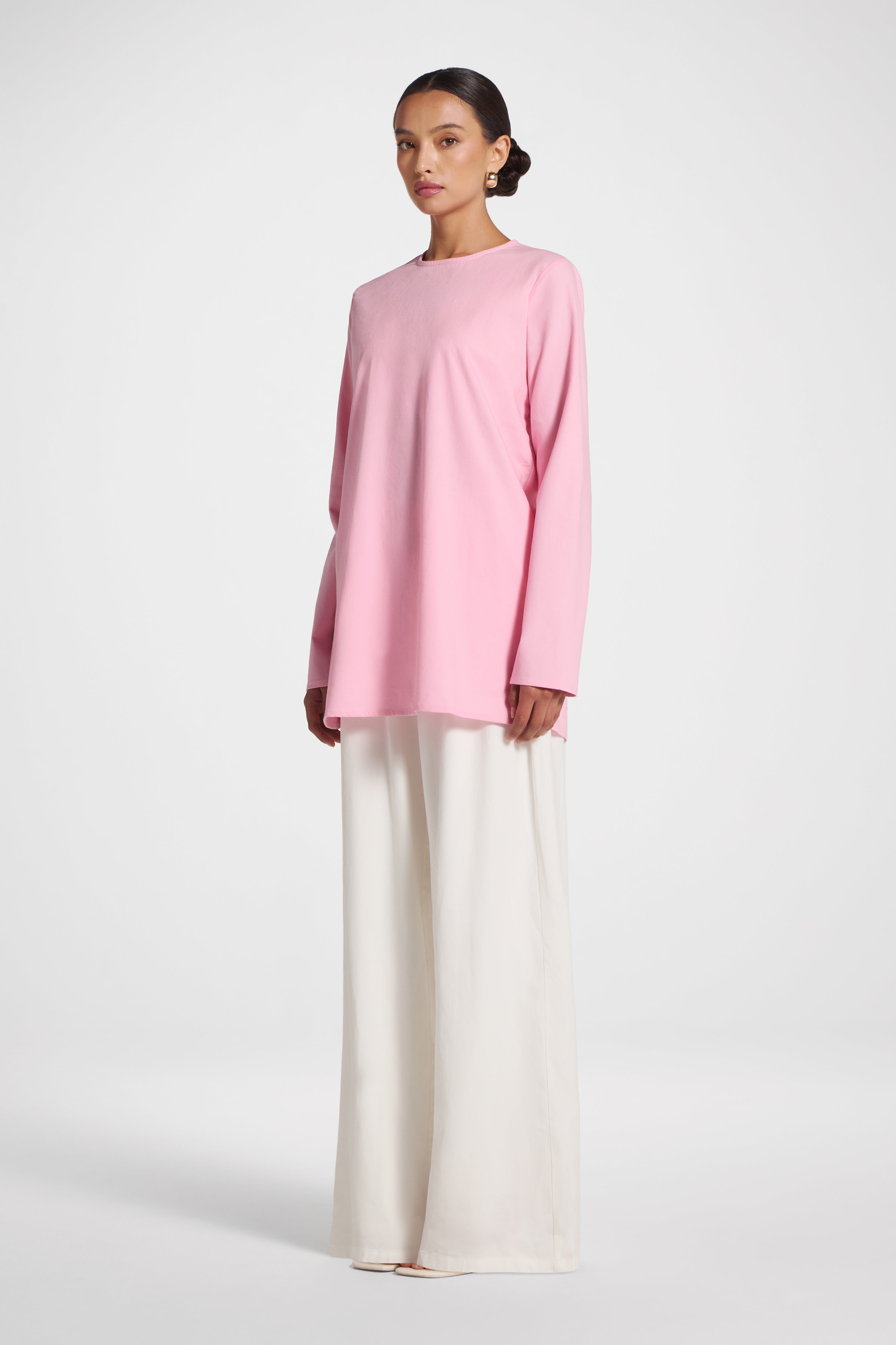Basic Cotton Linen Long Sleeve Top - Pink Top Veiled