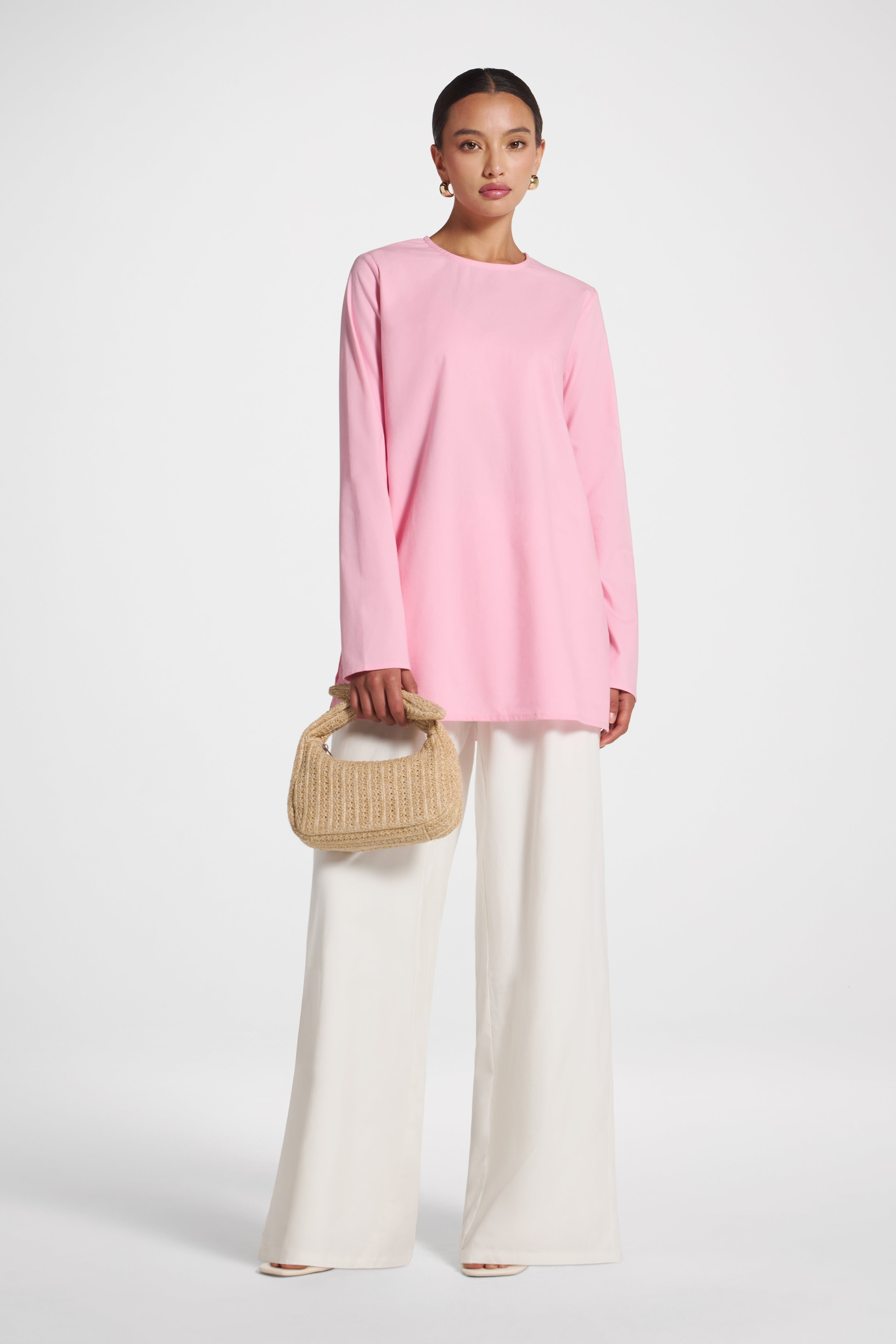 Basic Cotton Linen Long Sleeve Top - Pink Top Veiled