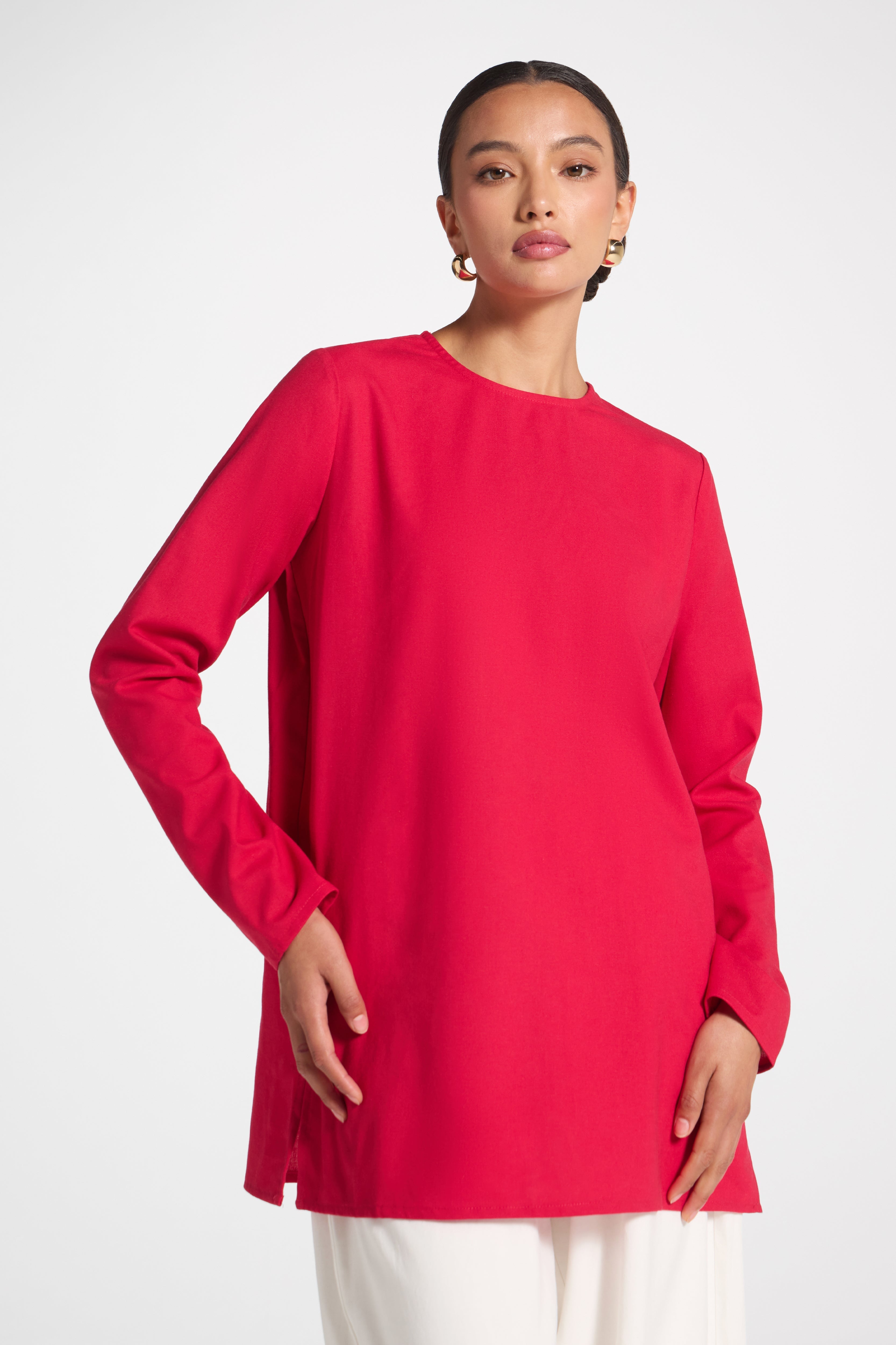 Basic Cotton Linen Long Sleeve Top - Strawberry Top Veiled
