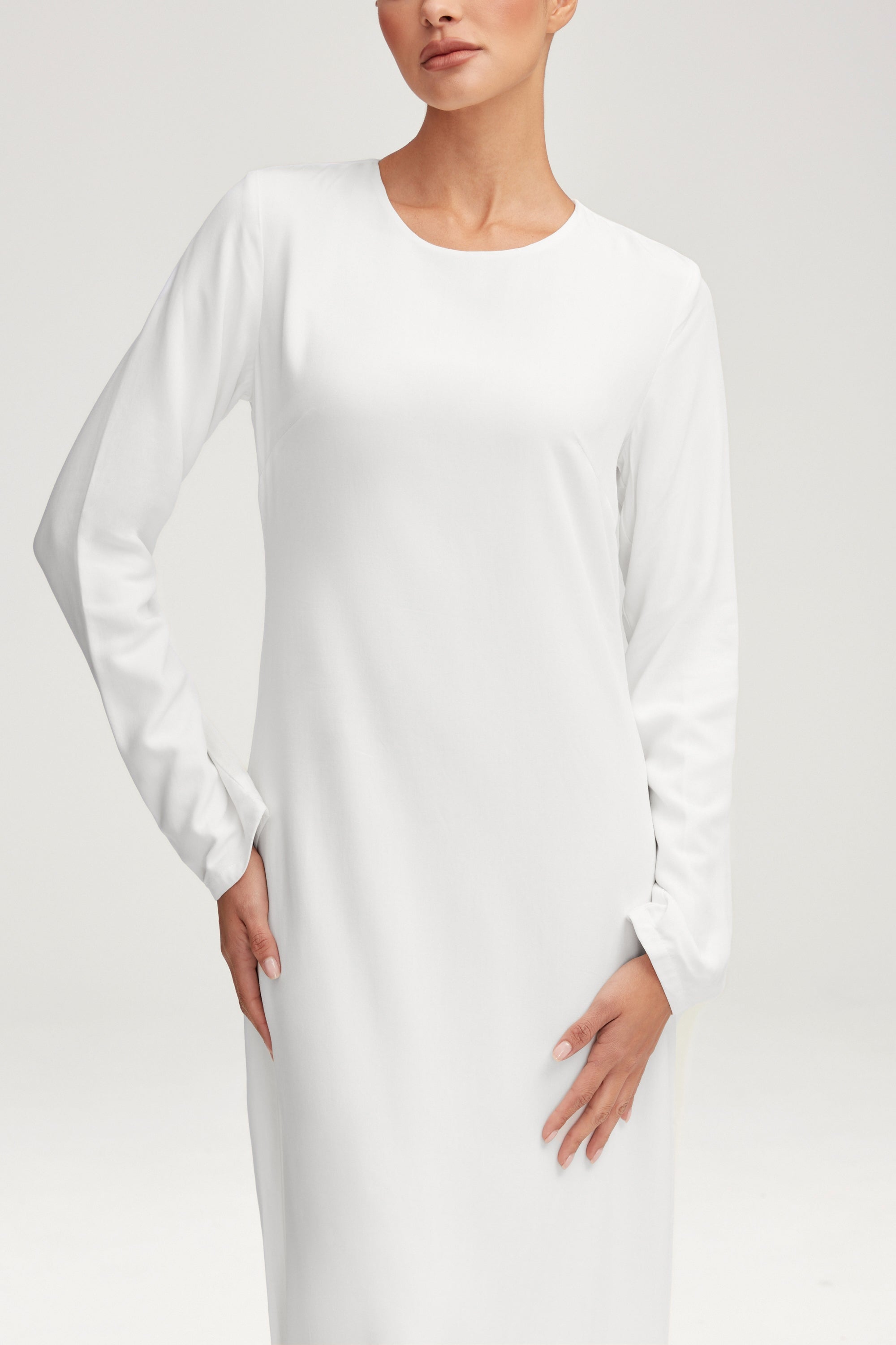 Basic Long Sleeve Maxi Dress - White Clothing Veiled