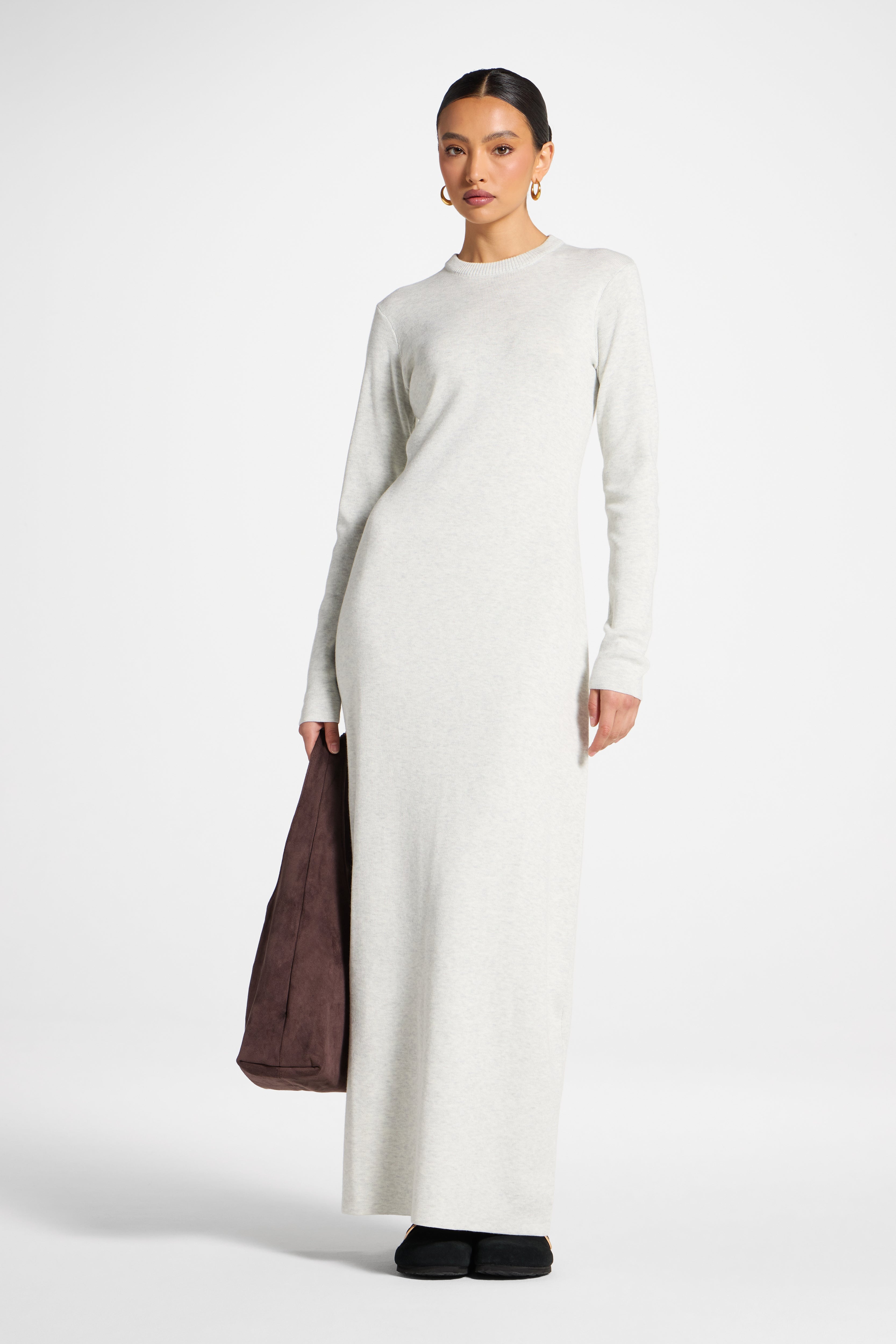 Basic Ribbed Knit Maxi Dress - Heather Grey Abayas Veiled